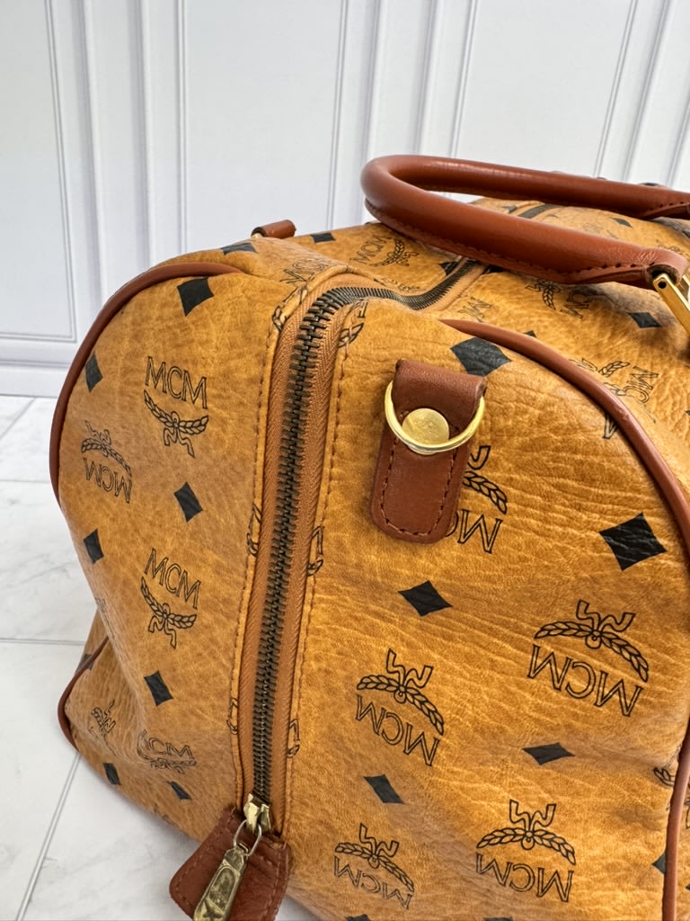 MCM Tan Visetos Leather Boston Bag
