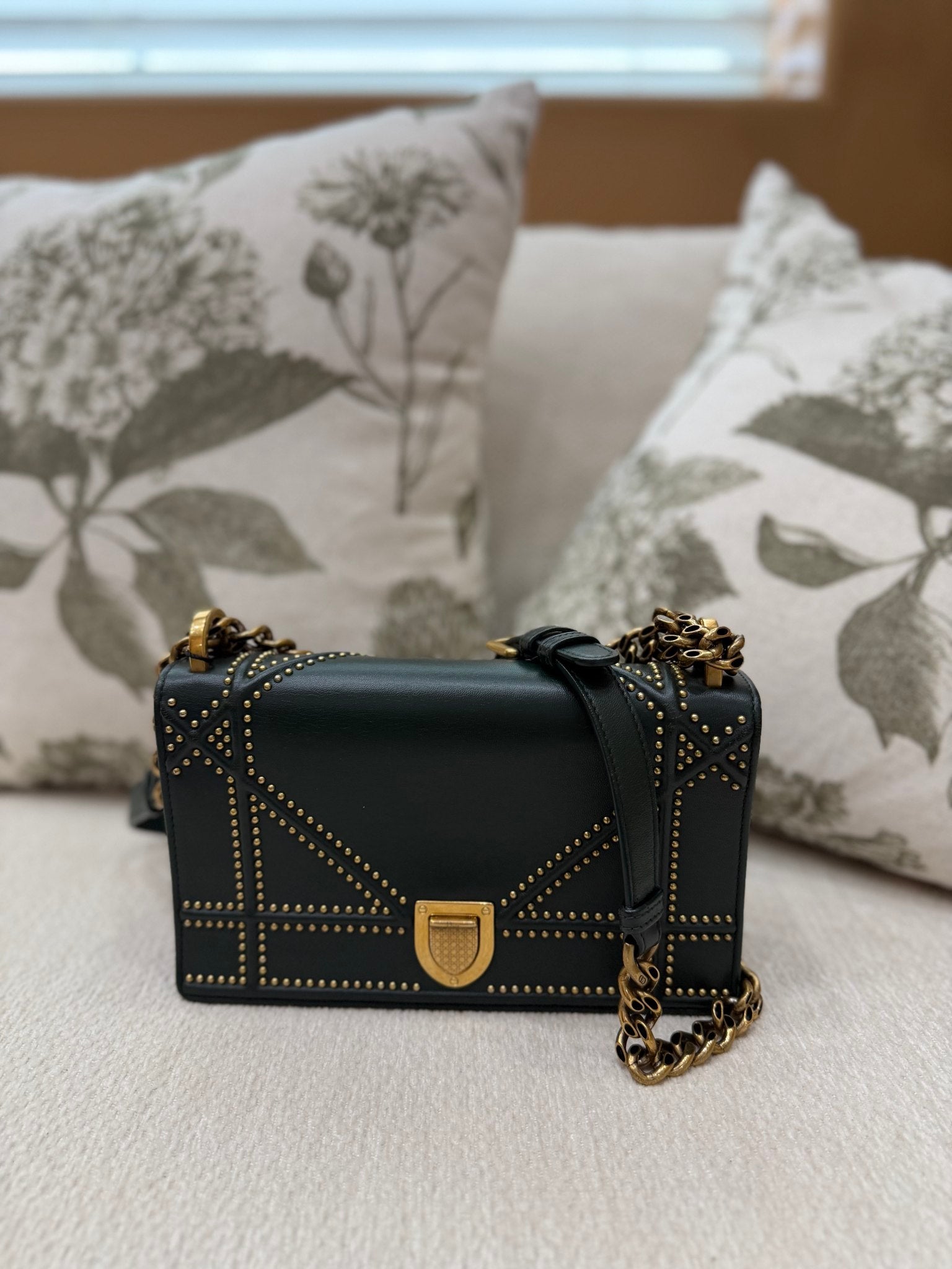 Christian Dior Green Leather Diorama Studded Shoulder Bag