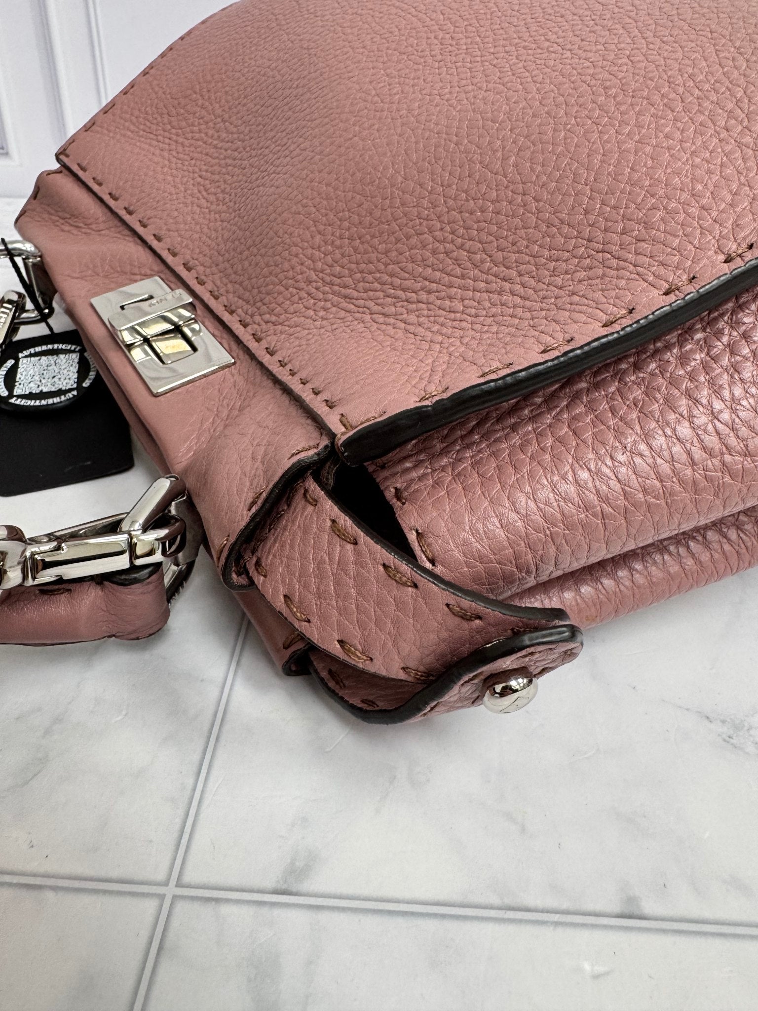 Fendi Dusty Rose Grained Leather Peekaboo Medium 2Way Bag With Flower Strap