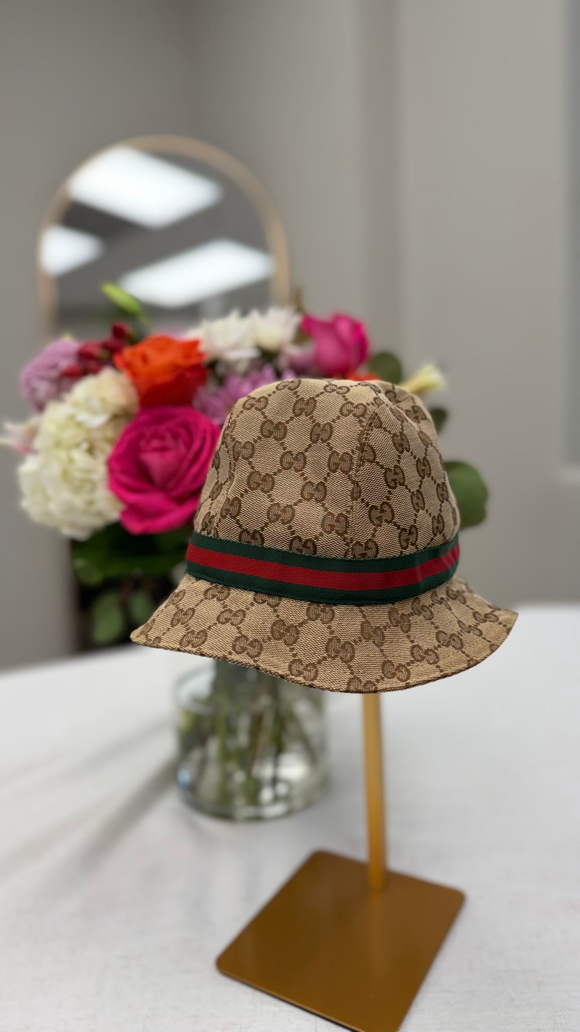 Gucci Brown Monogram Canvas Web Bucket Hat