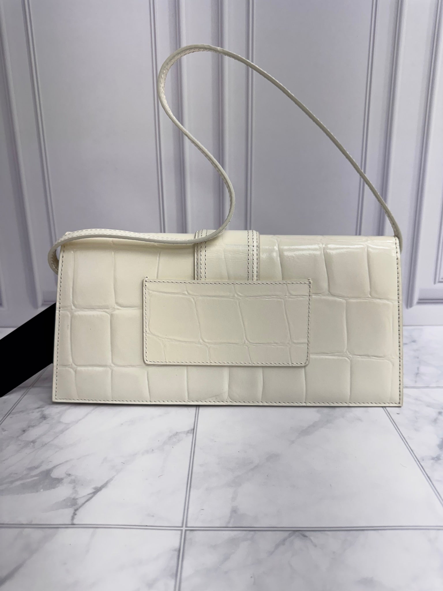 BRAND NEW Jacquemus White Croc Embossed Patent Leather Le Bambino Long Bag