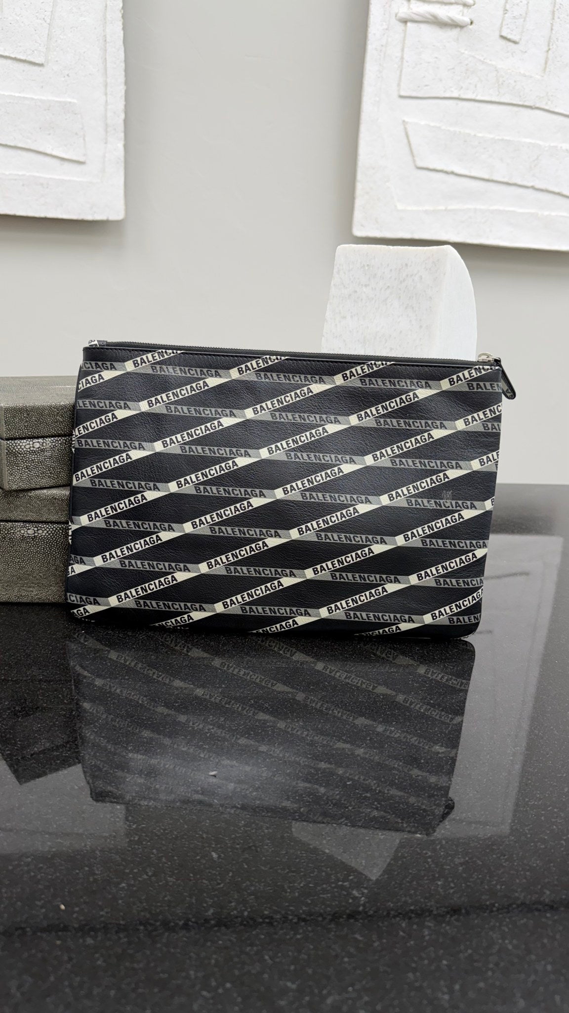 Balenciaga Black & White Printed Stripes Leather Zipper Pouch