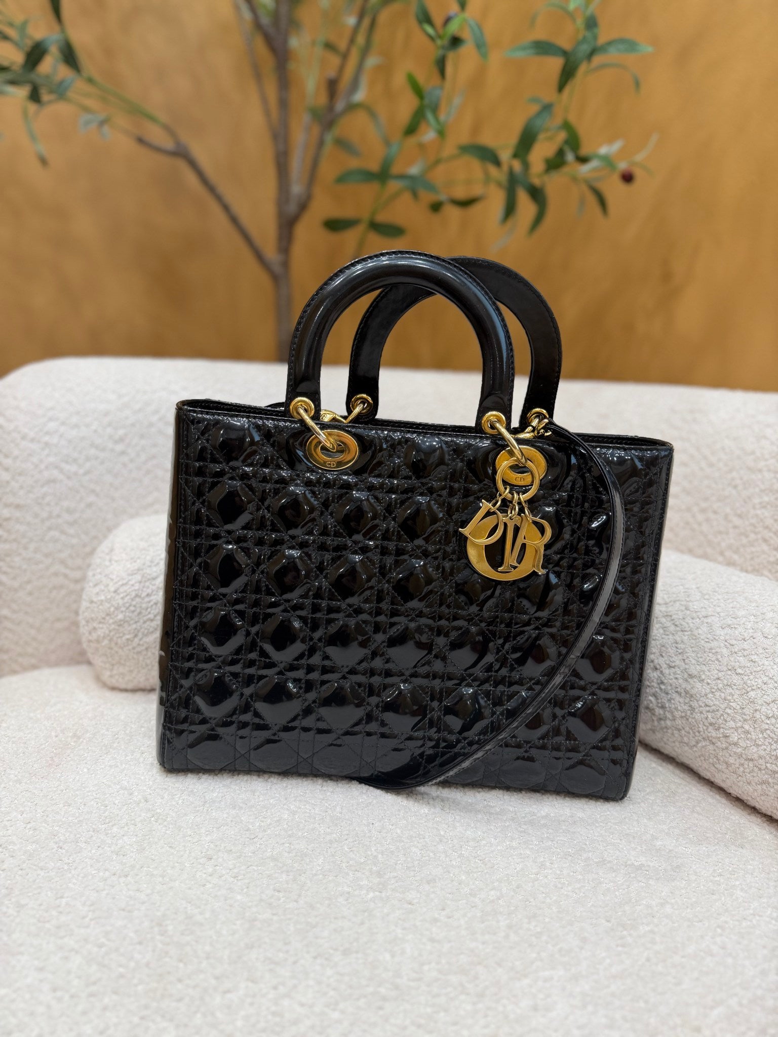 Christian Dior Vintage Black Patent Leather Cannage Large Lady Dior Handbag