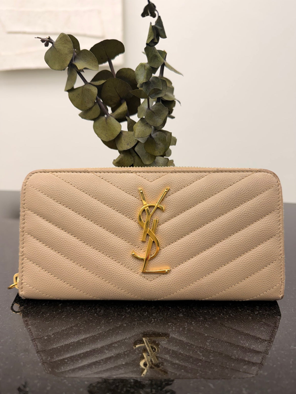 Saint Laurent YSL Tan Grained Calfskin Cassandre Matelasse Zip Around Wallet