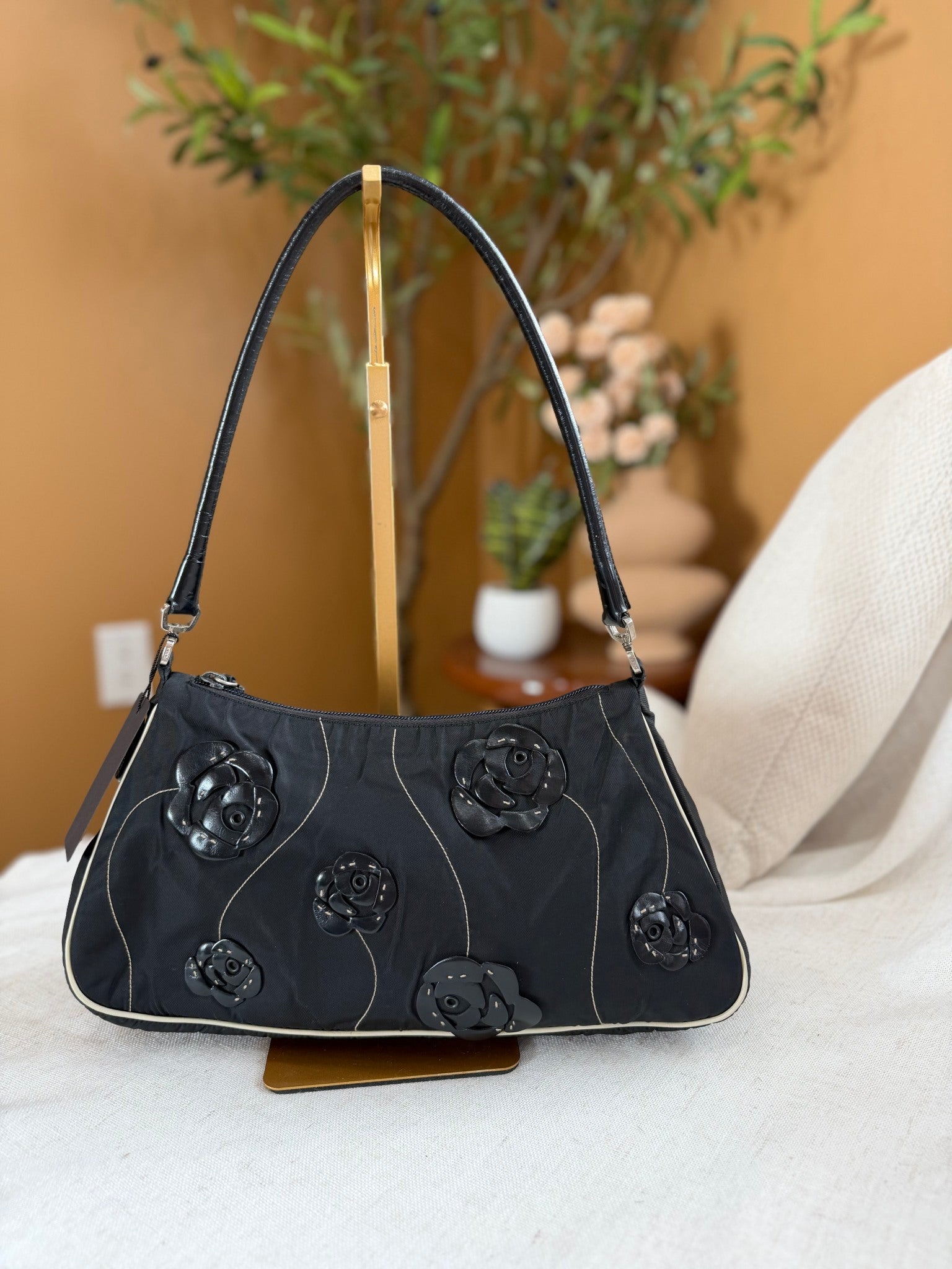 Prada Black Nylon Floral Tessuto Shoulder Bag