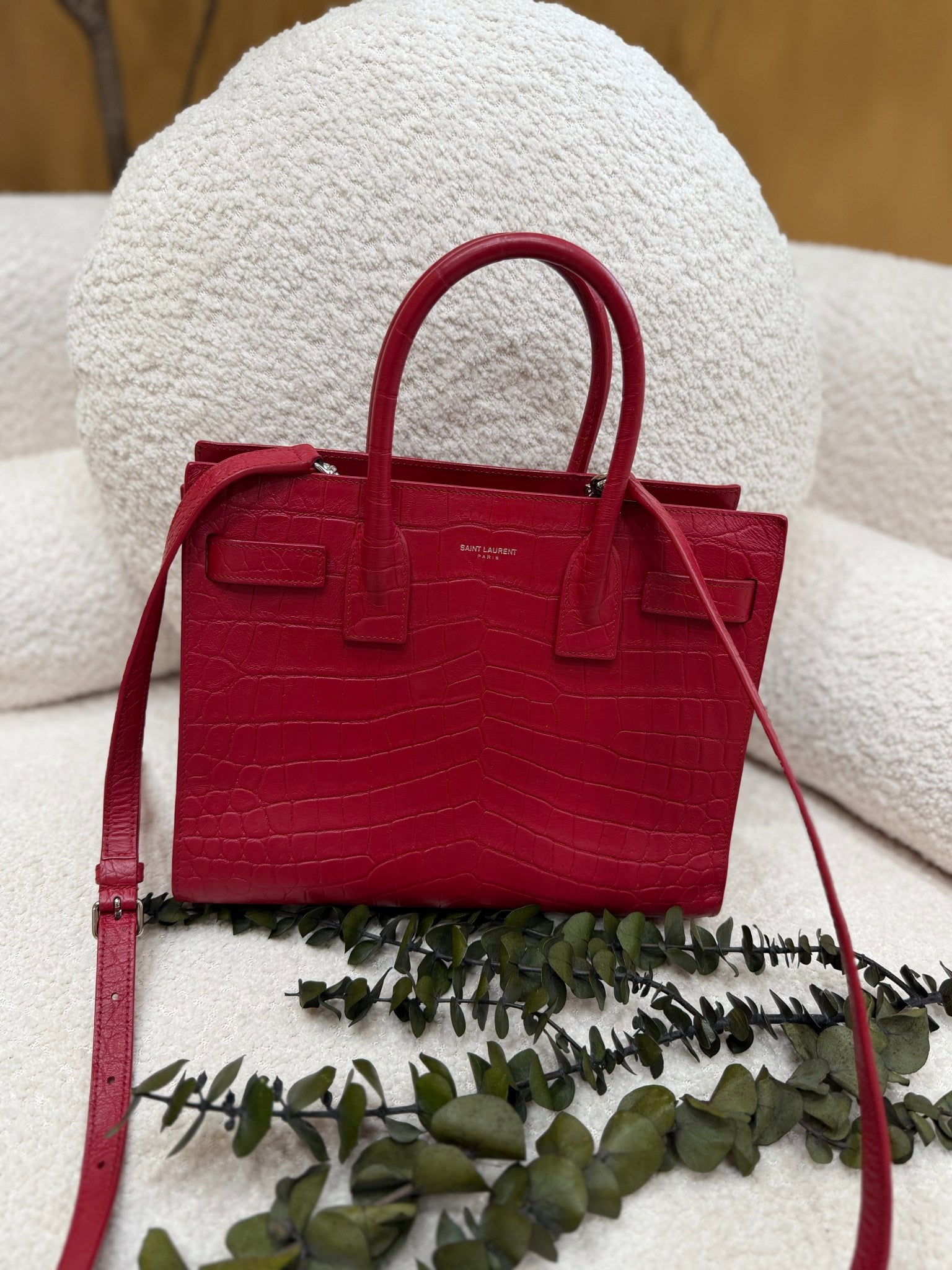 Saint Laurent YSL Red Croc Embossed Baby Sac de Jour Tote
