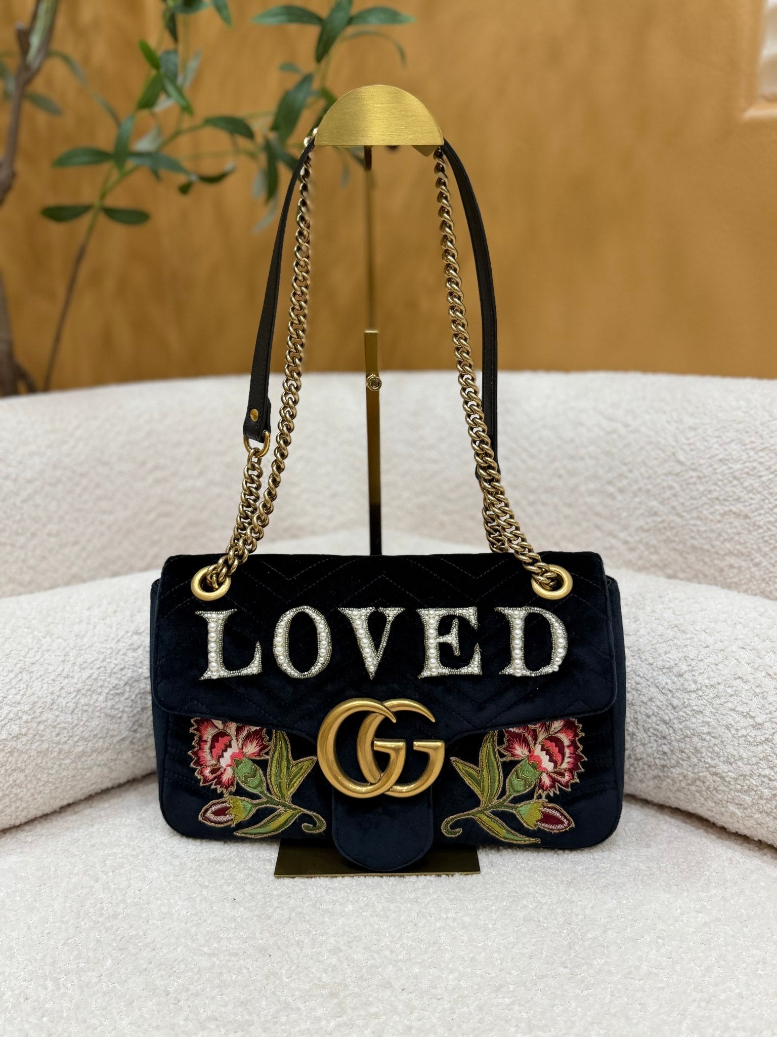 Gucci Black Velvet "Loved" Embroidered Medium GG Marmont Crossbody