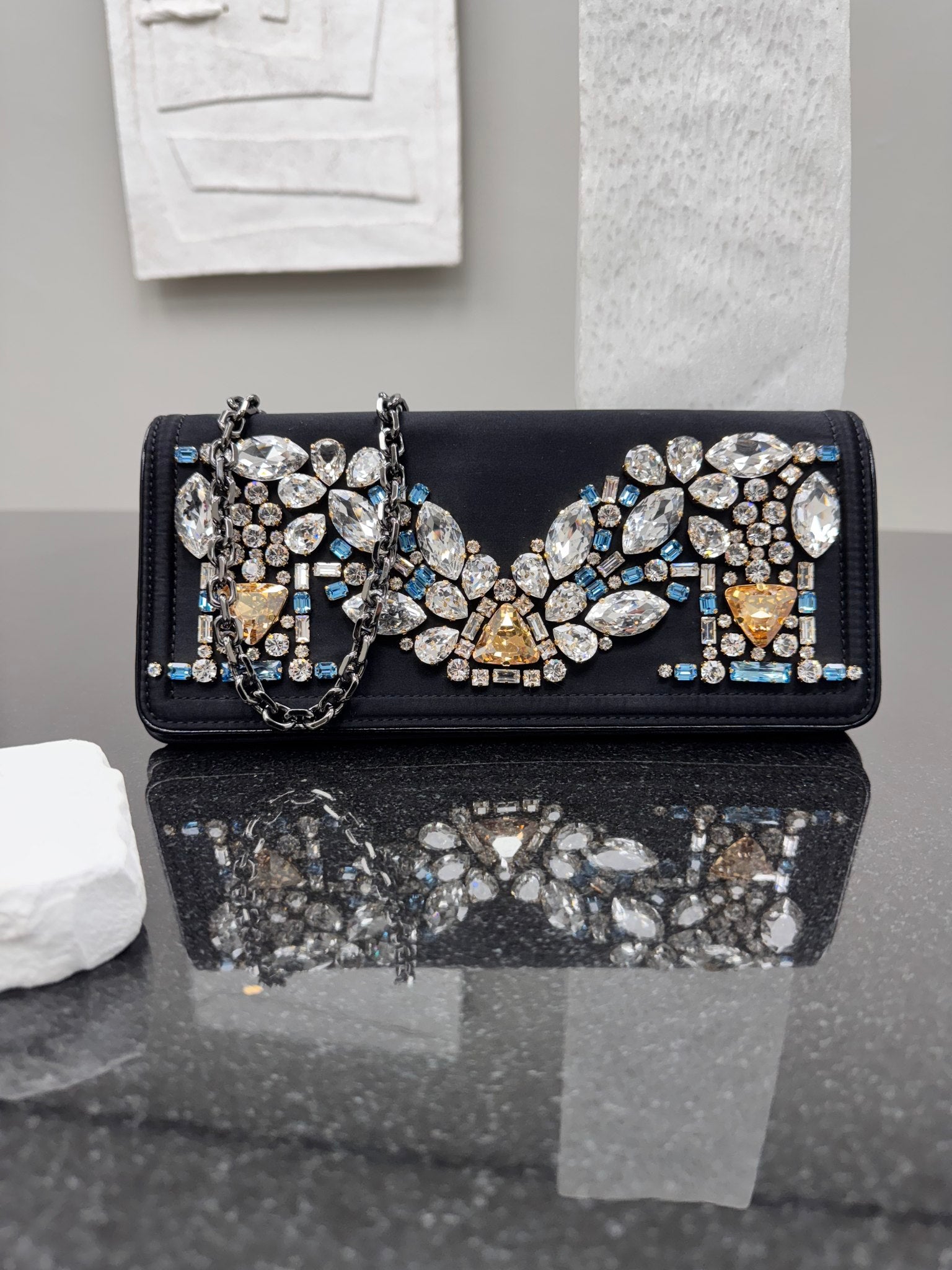 MCM Black Satin And Leather Crystal Embellished Chain Shoulder Bag