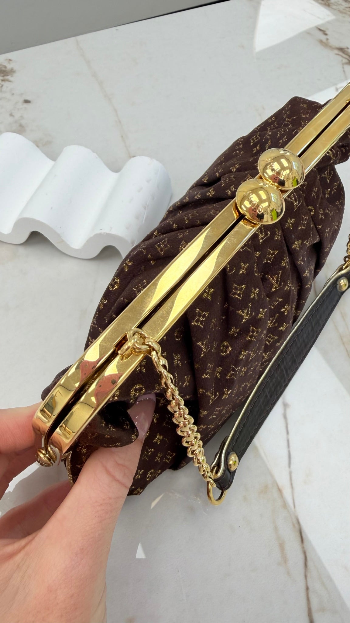 Louis Vuitton Limited Edition Brown & Gold Monogram Satin Aumoniere Kisslock Bag