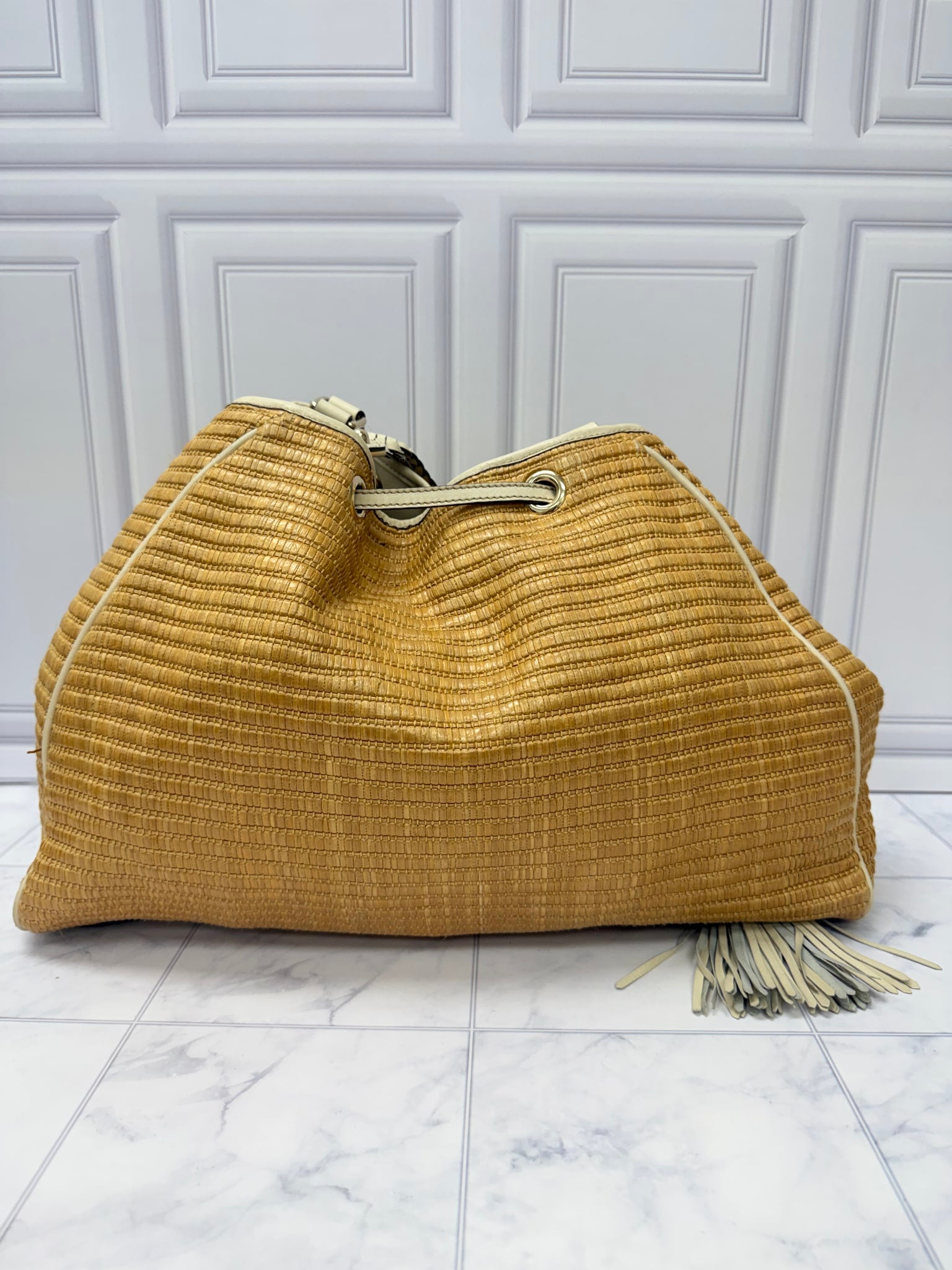 Gucci Natural Raffia Bamboo Peggy Shoulder Bag