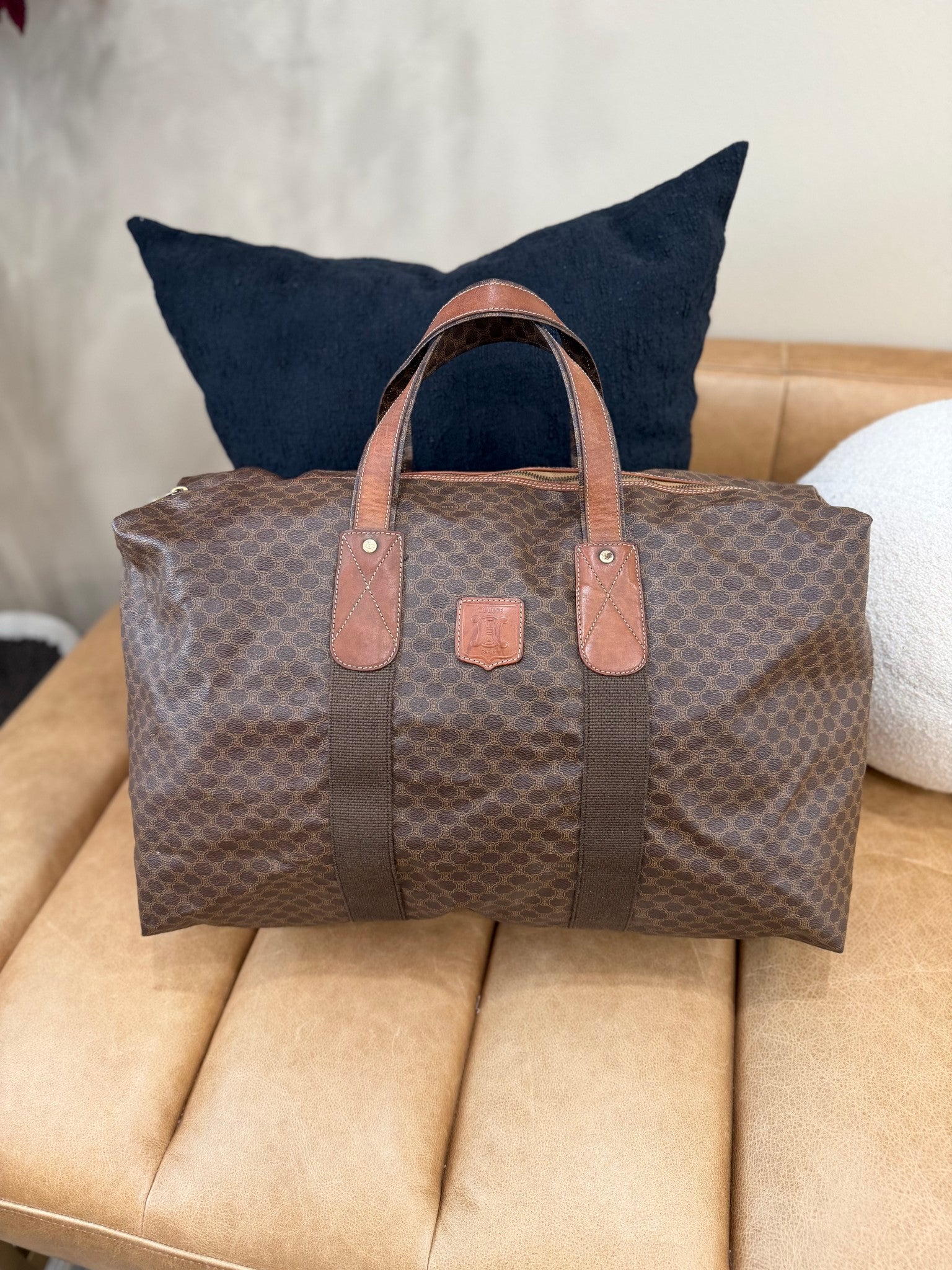 Celine Vintage Brown Macadam Coated Canvas Weekender Duffle Bag