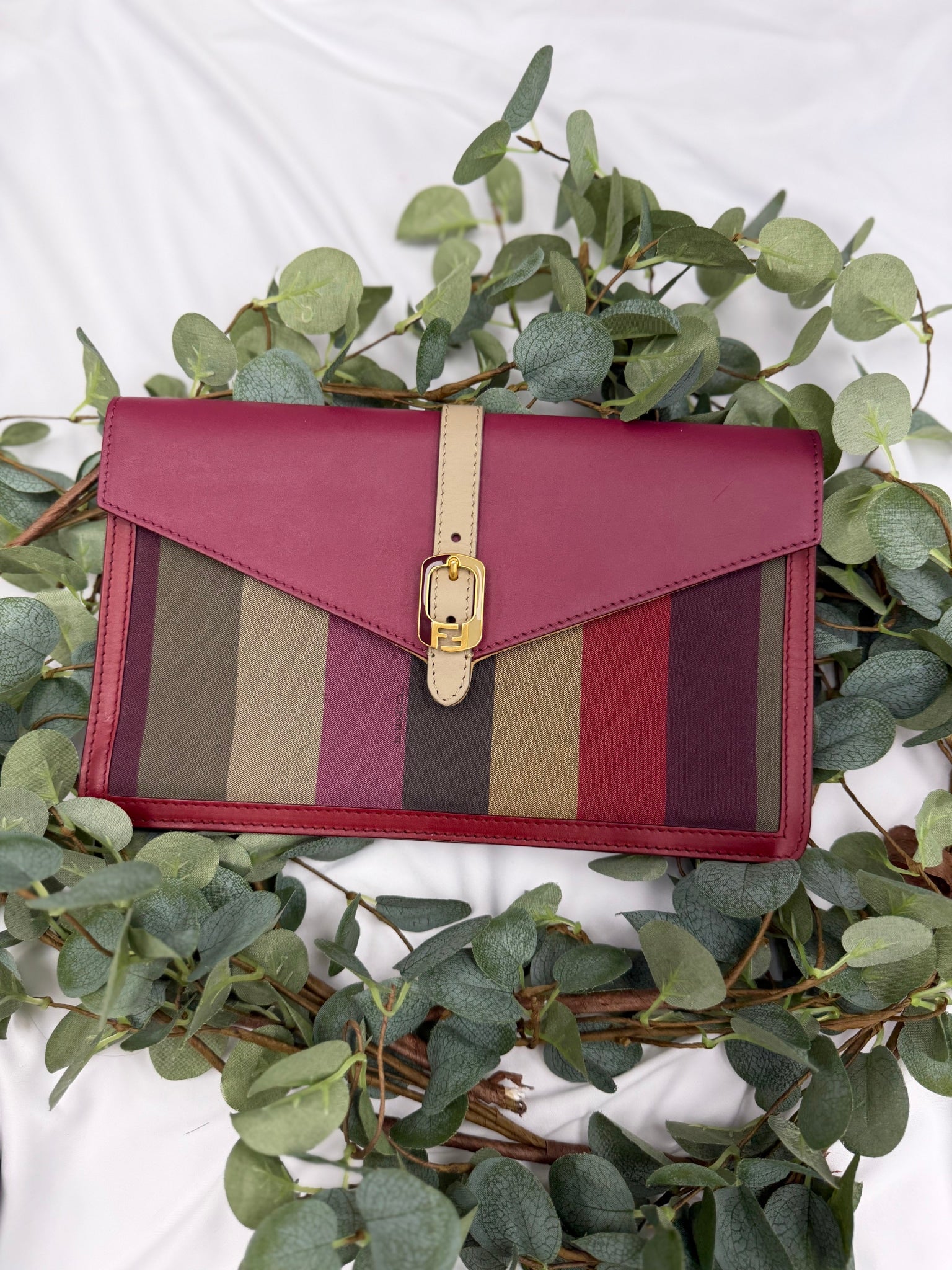Fendi Magenta Leather & Pequin Canvas Envelope Clutch