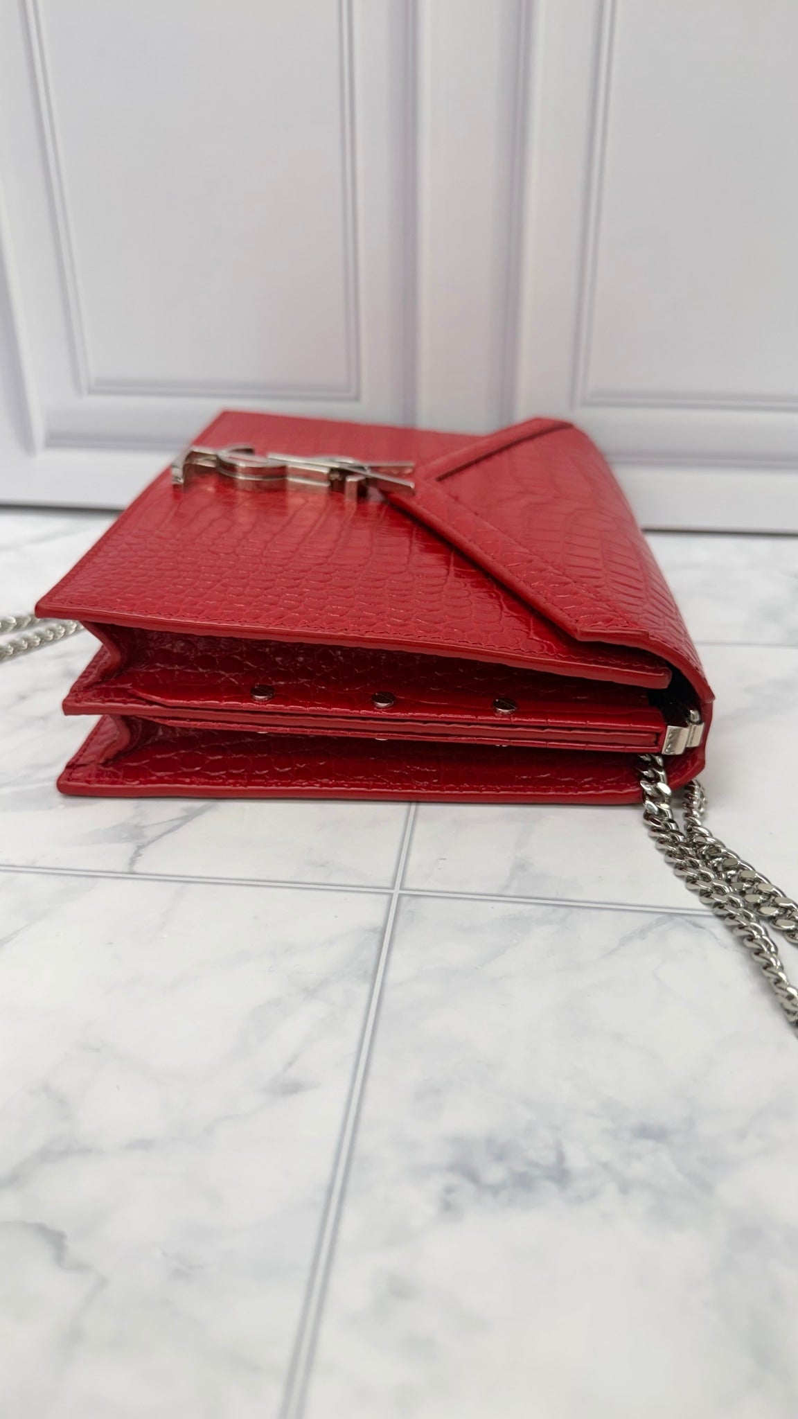 Saint Laurent YSL Red Croc Embossed Leather Cassandra Chain Bag