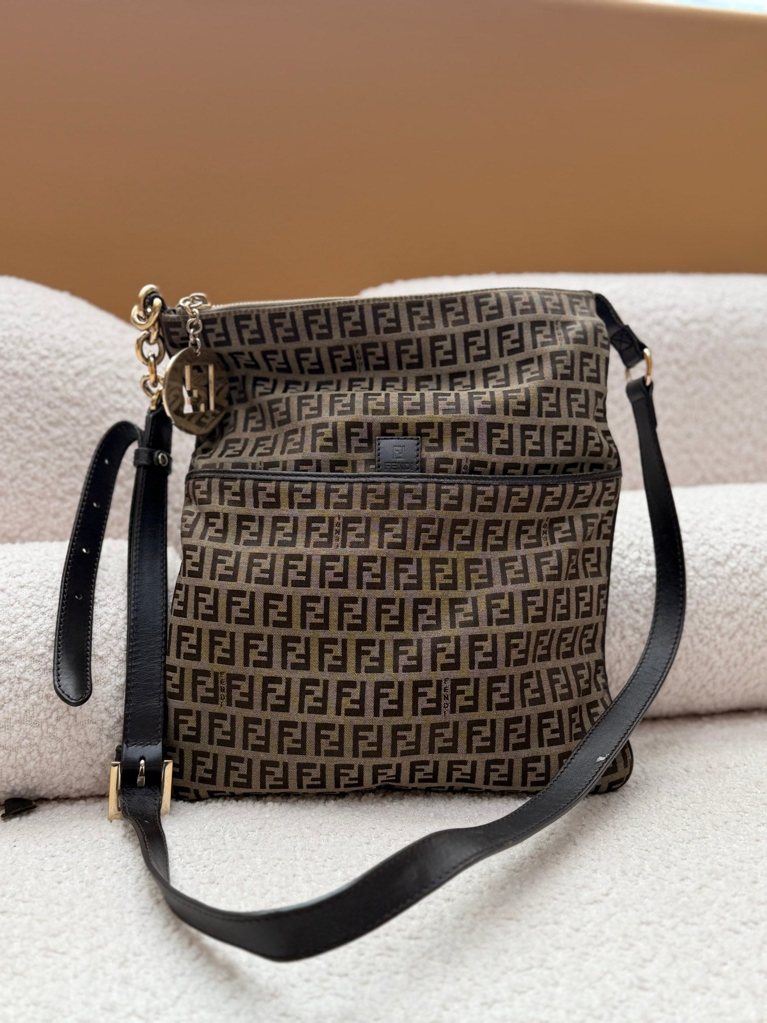 Fendi Brown Zucchino Canvas FF Charm Crossbody