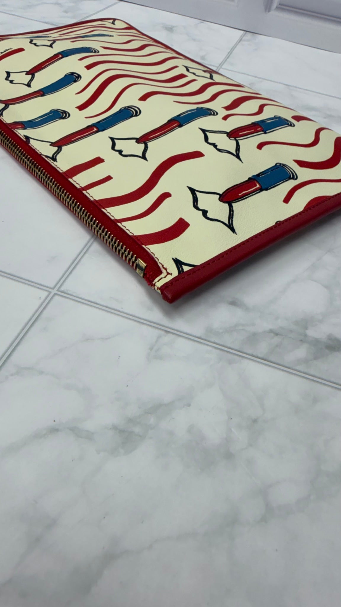 Valentino White Lipstick Printed Leather Pouch