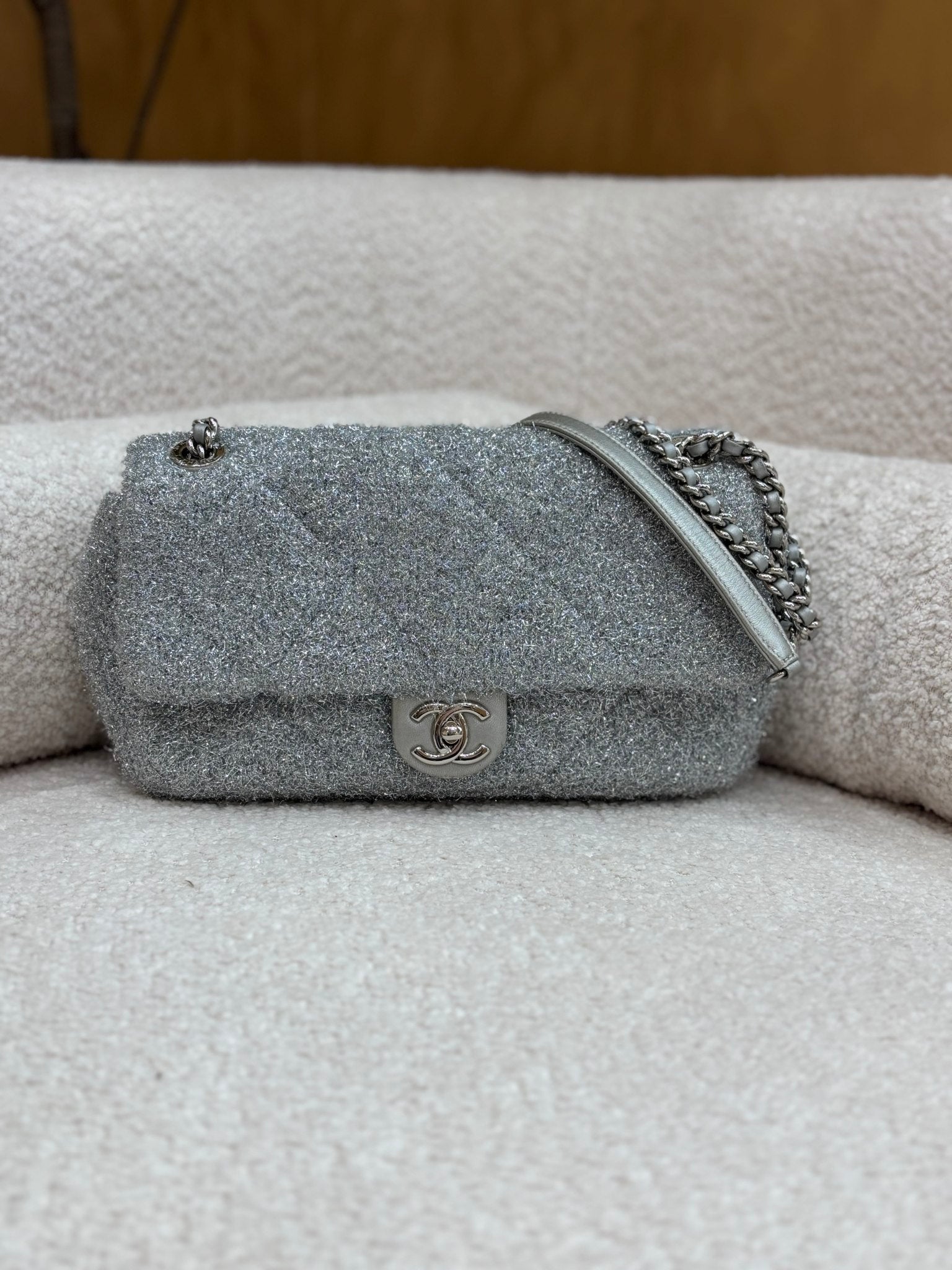 Chanel Silver Knit Pluto Glitter Classic Flap Medium