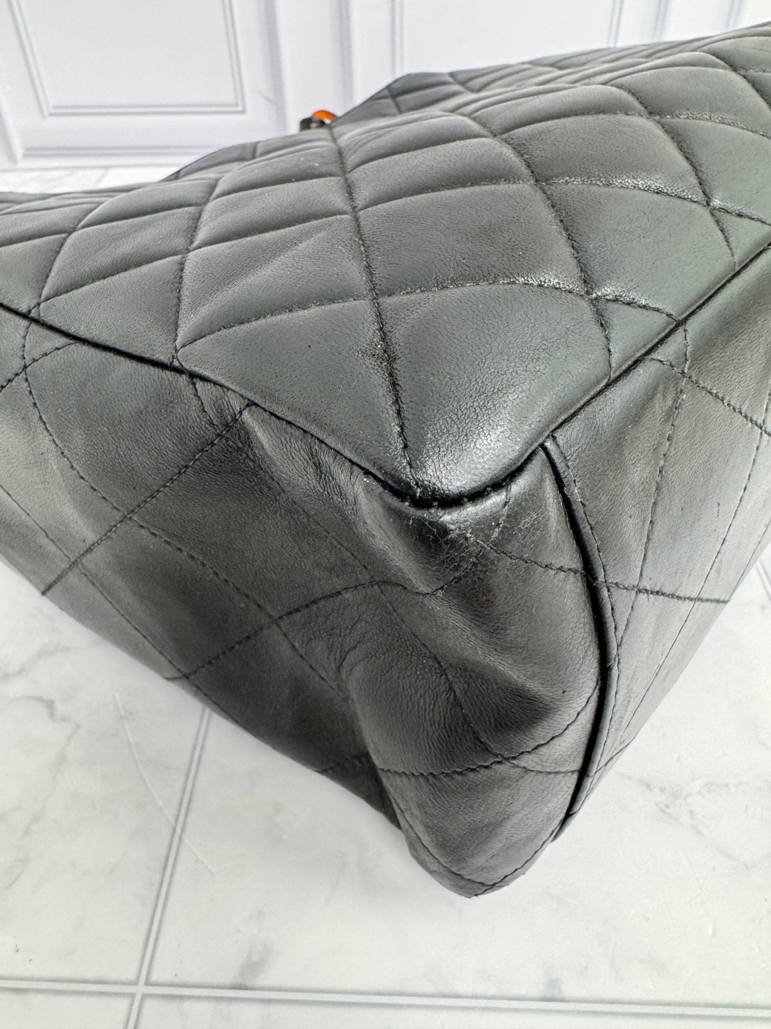 Chanel Vintage Black Quilted Calfskin Leather Tortoise Chain Twist Lock Tote Bag