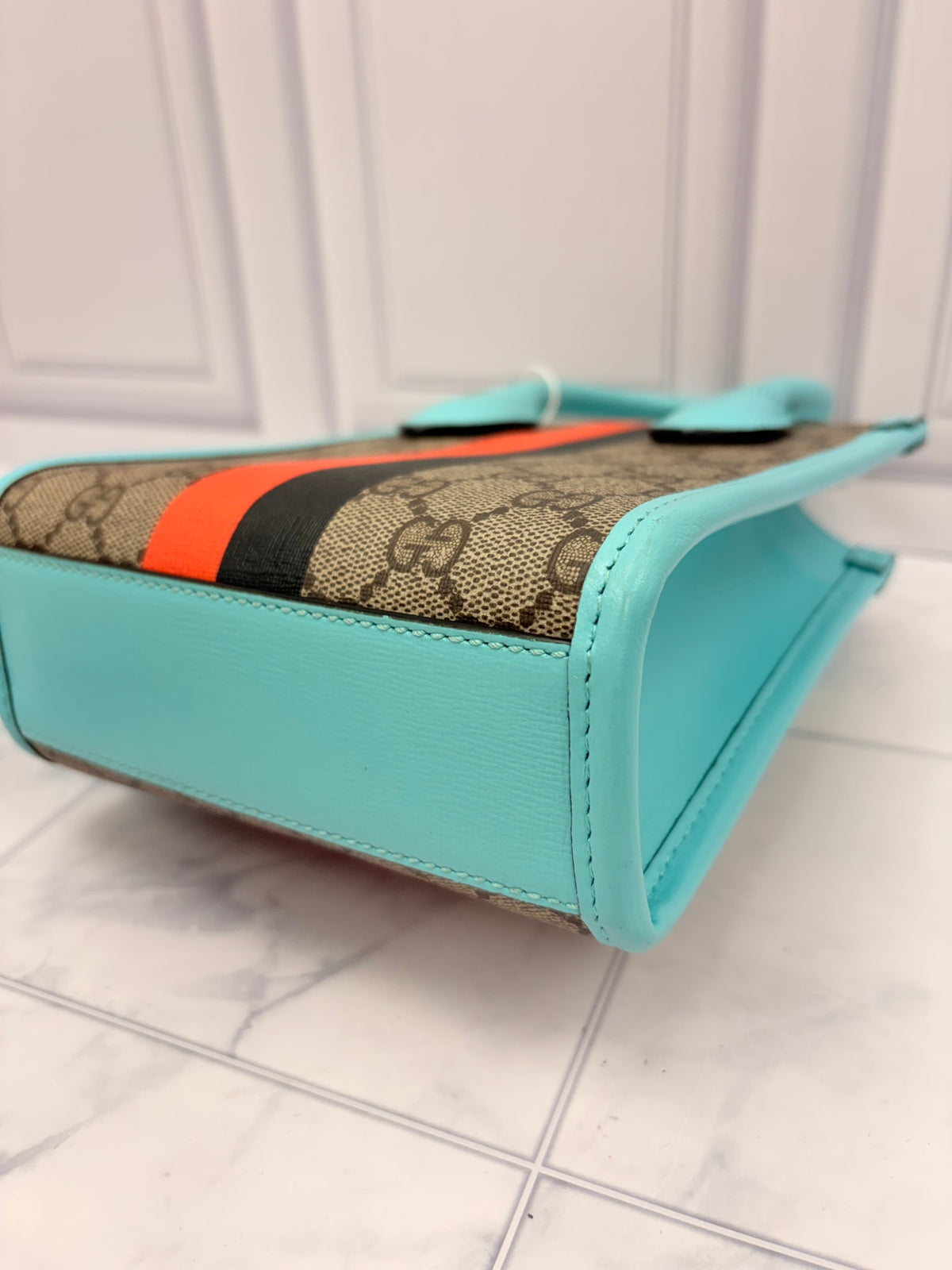 Gucci GG Supreme Canvas Teal Leather Trim Gucci Tiger Mini Two Way Tote Bag