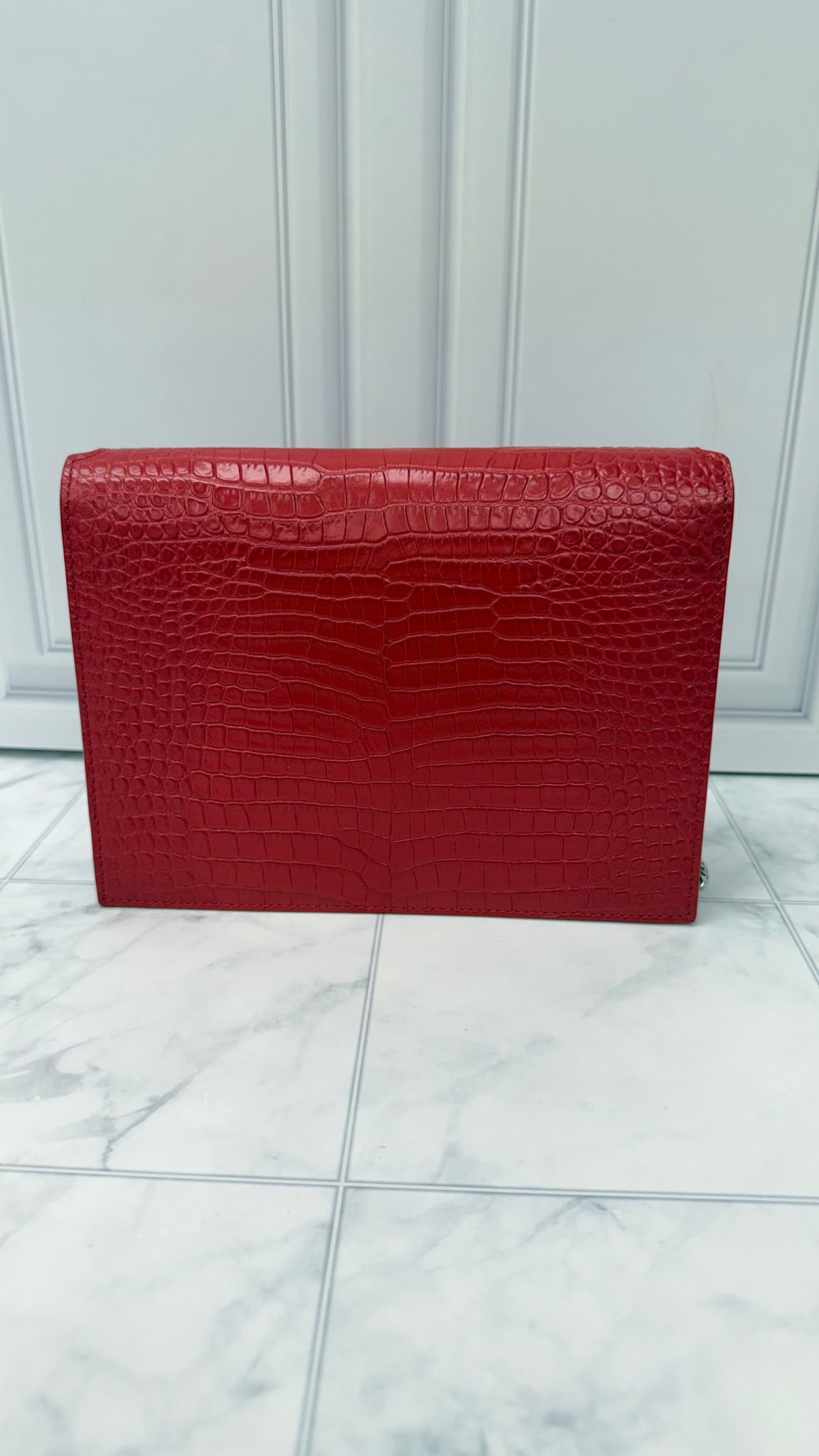 Saint Laurent YSL Red Croc Embossed Leather Cassandra Chain Bag