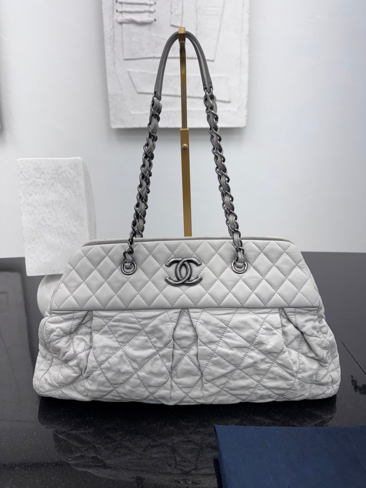 Chanel Gey Quilted Iridescent Calfskin Leather Chic Quilt Large Bowling Bag