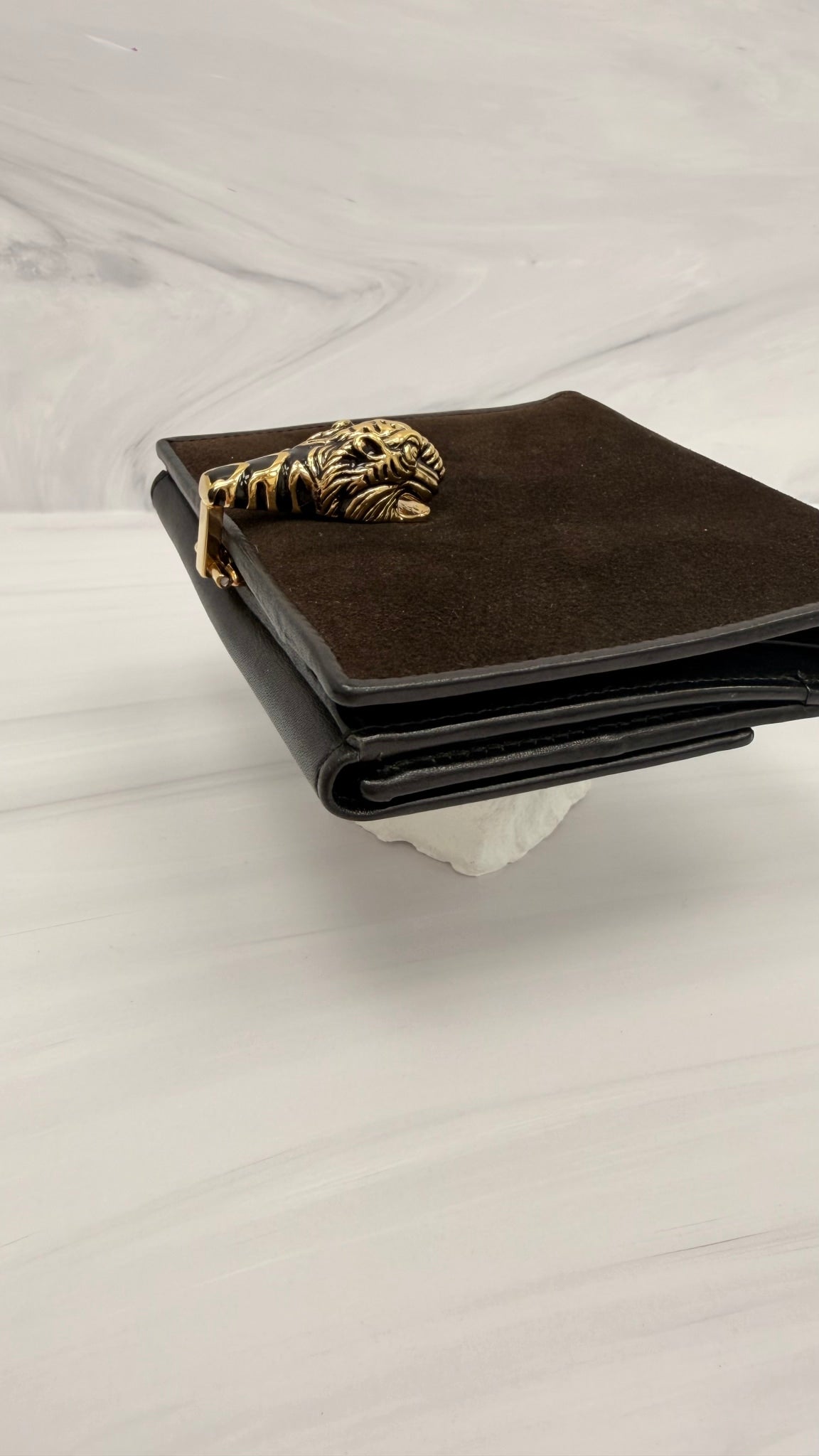 Gucci Brown Suede Leather Tiger Head Compact Wallet