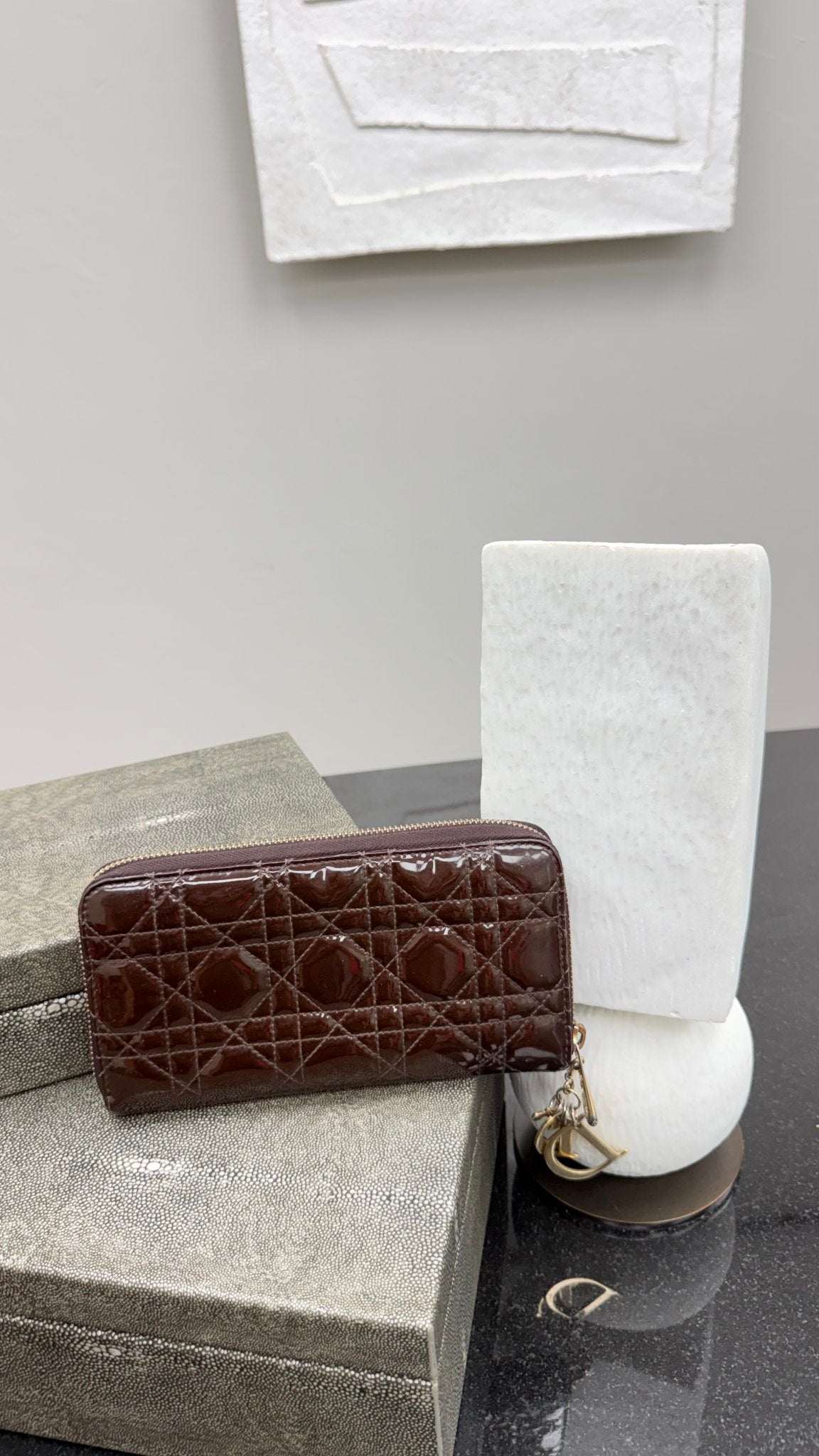 Christian Dior Brown Cannage Patent Leather Lady Dior Zippy Wallet