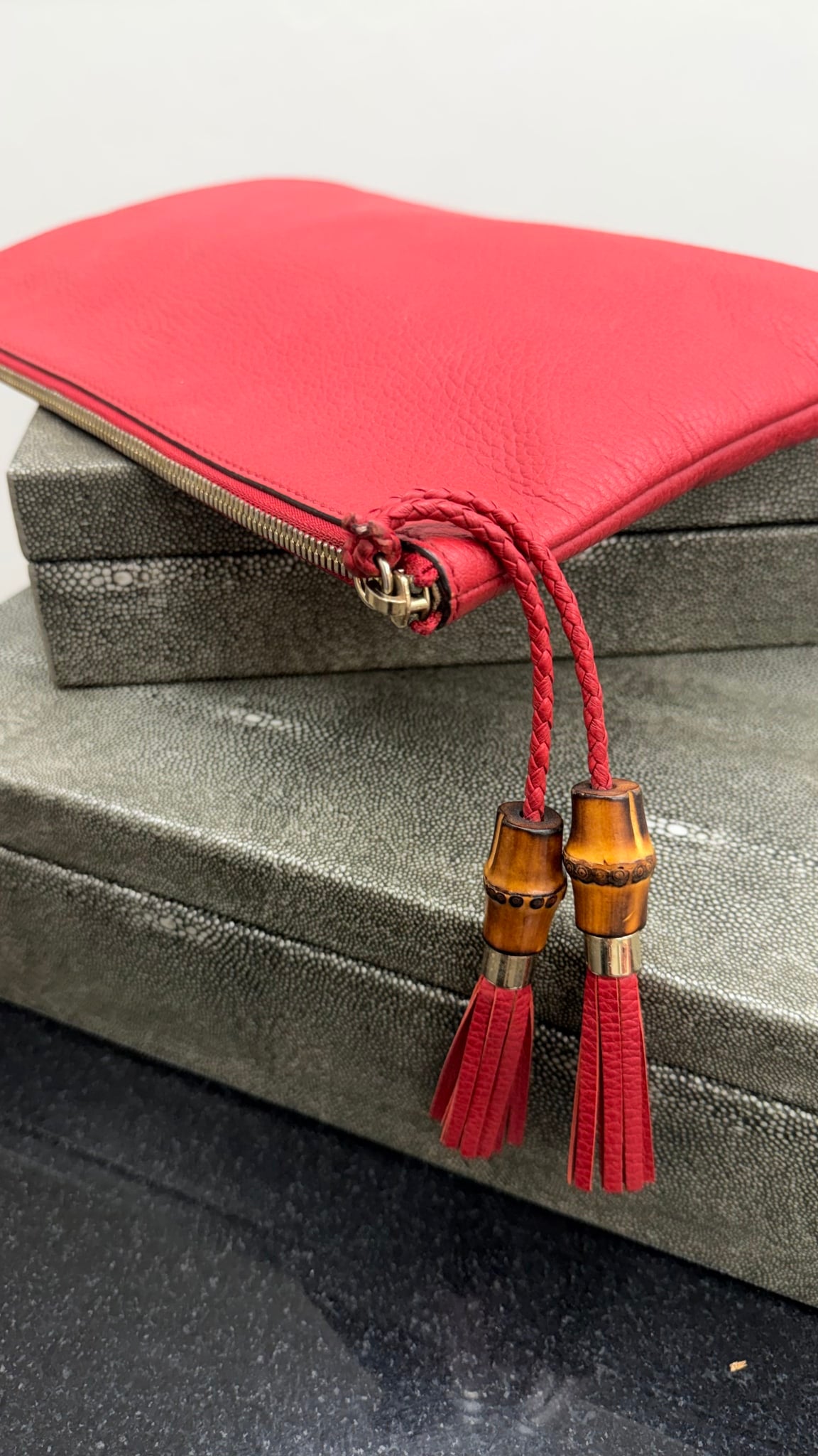 Gucci Red Pebbled Leather Bamboo Tassel Pouch