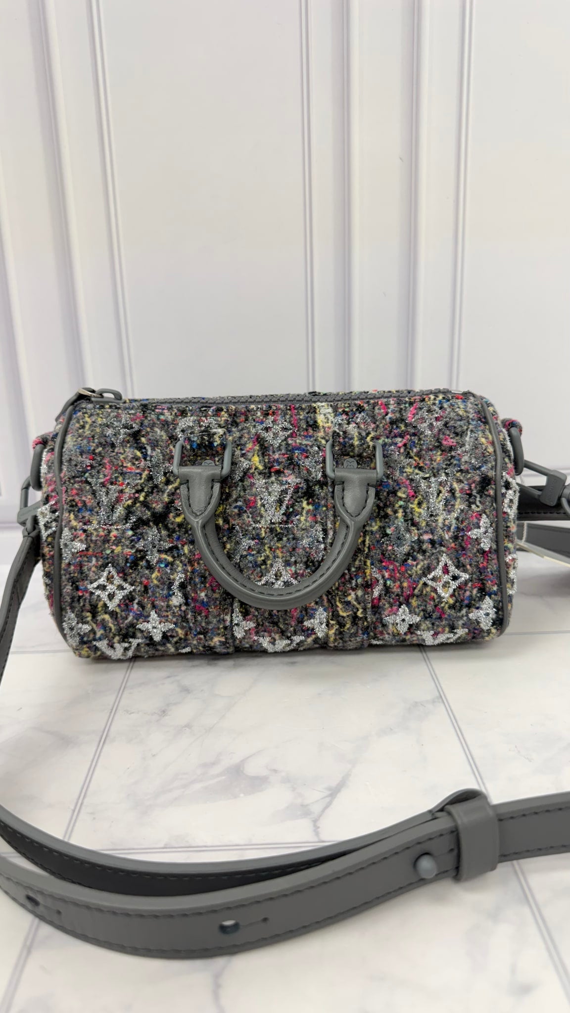LIKE NEW - Louis Vuitton Grey Wool Tweed Keepall XS Bandouliere