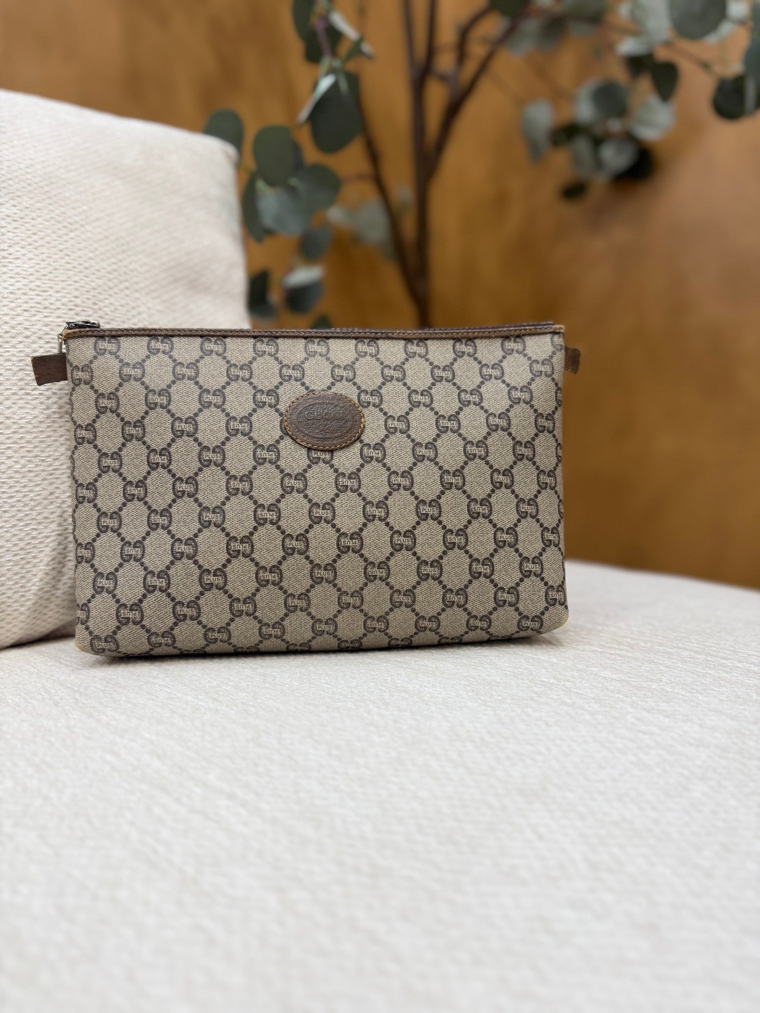 Gucci Brown Coated Canvas GG Plus Print Pouch