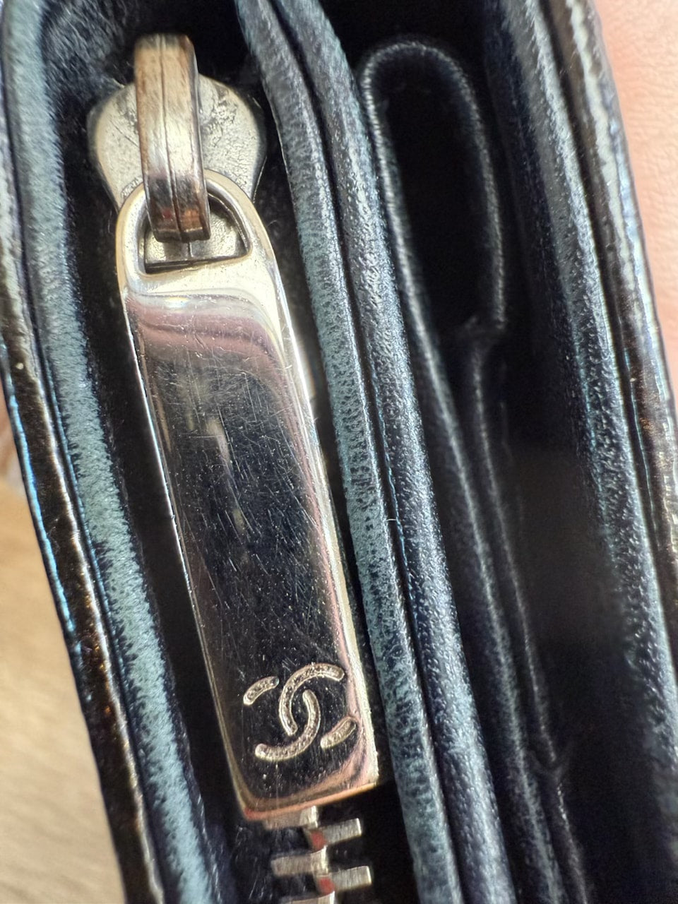 Chanel Black Patent Leather Zippy Compact Wallet