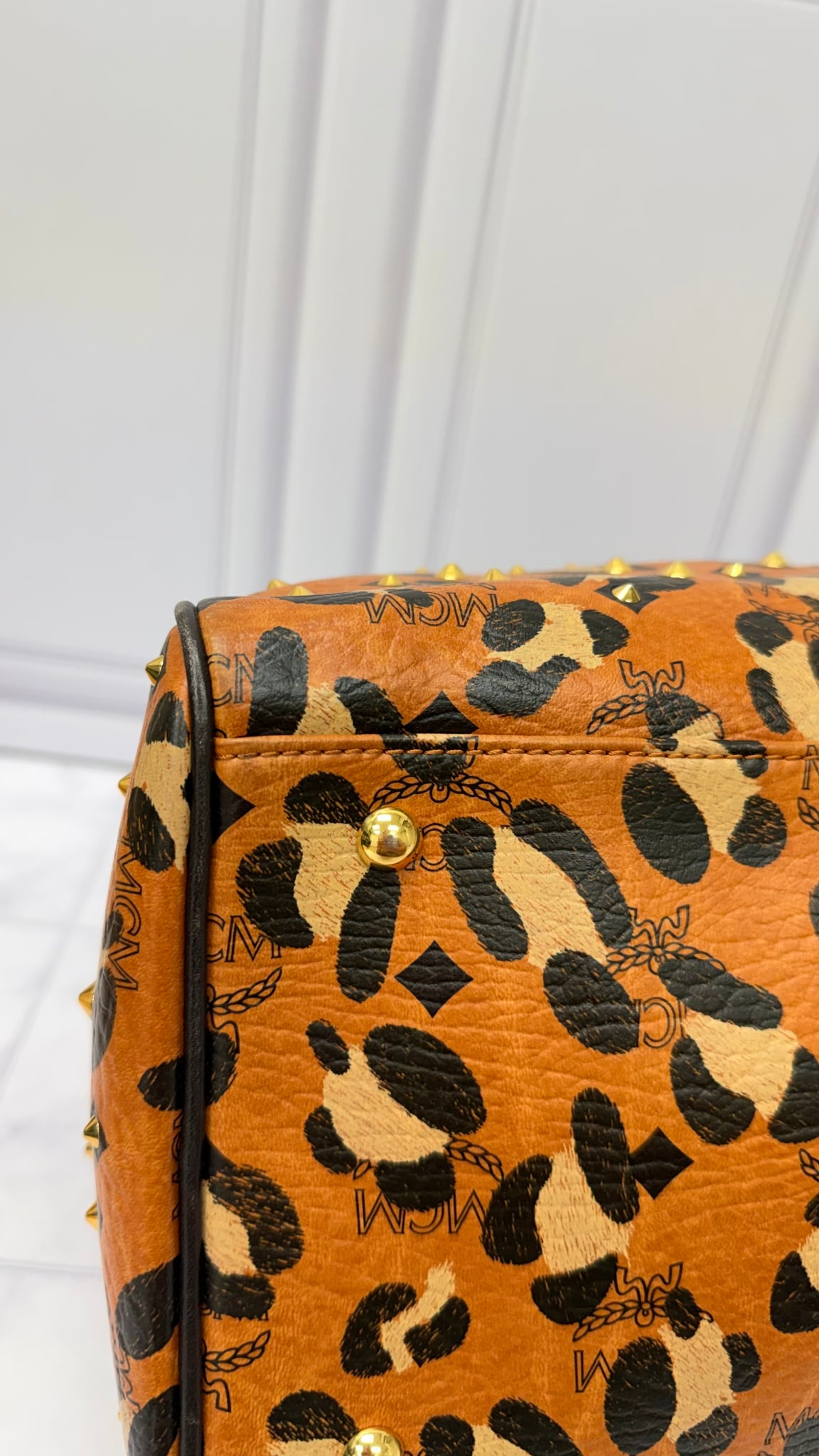 MCM Brown And Black Visetos Leopard Print Boston Bag