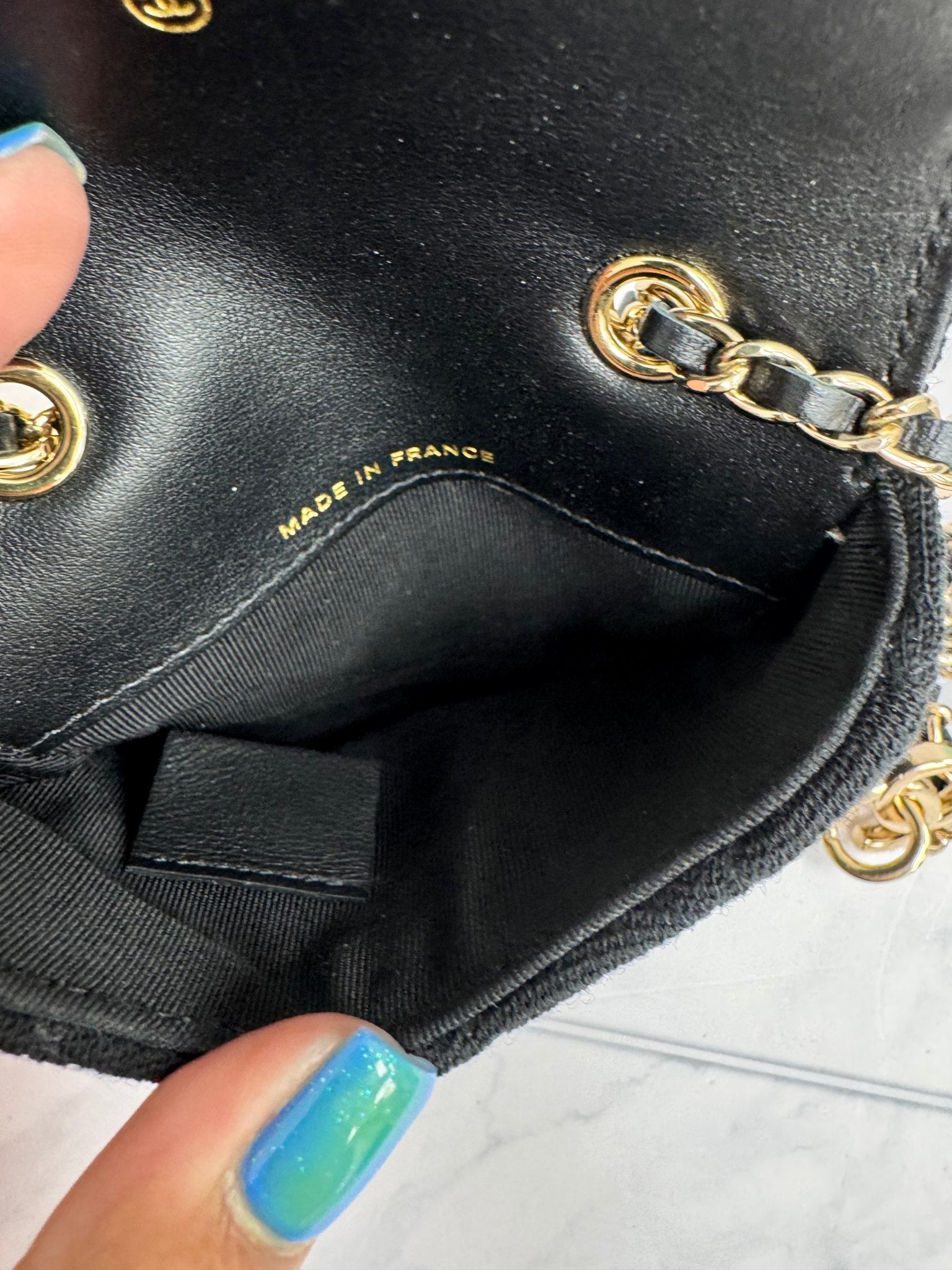 LIKE NEW - Chanel Black Diamond Quilted Jersey Fabric Micro Classic Flap Shoulder Bag