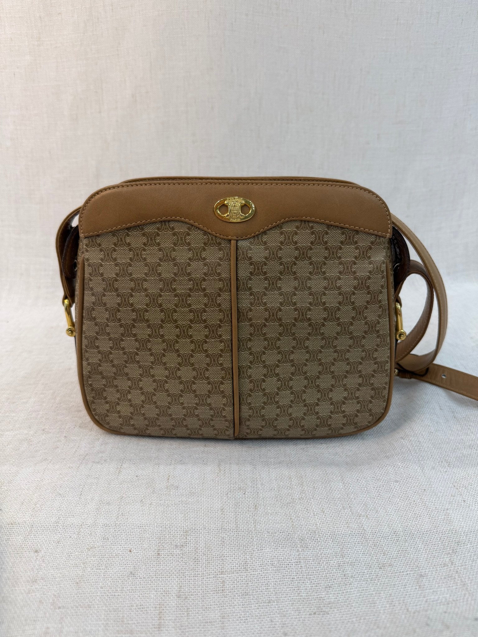 Celine Brown Coated Canvas Macadam Vintage Shoulder Bag
