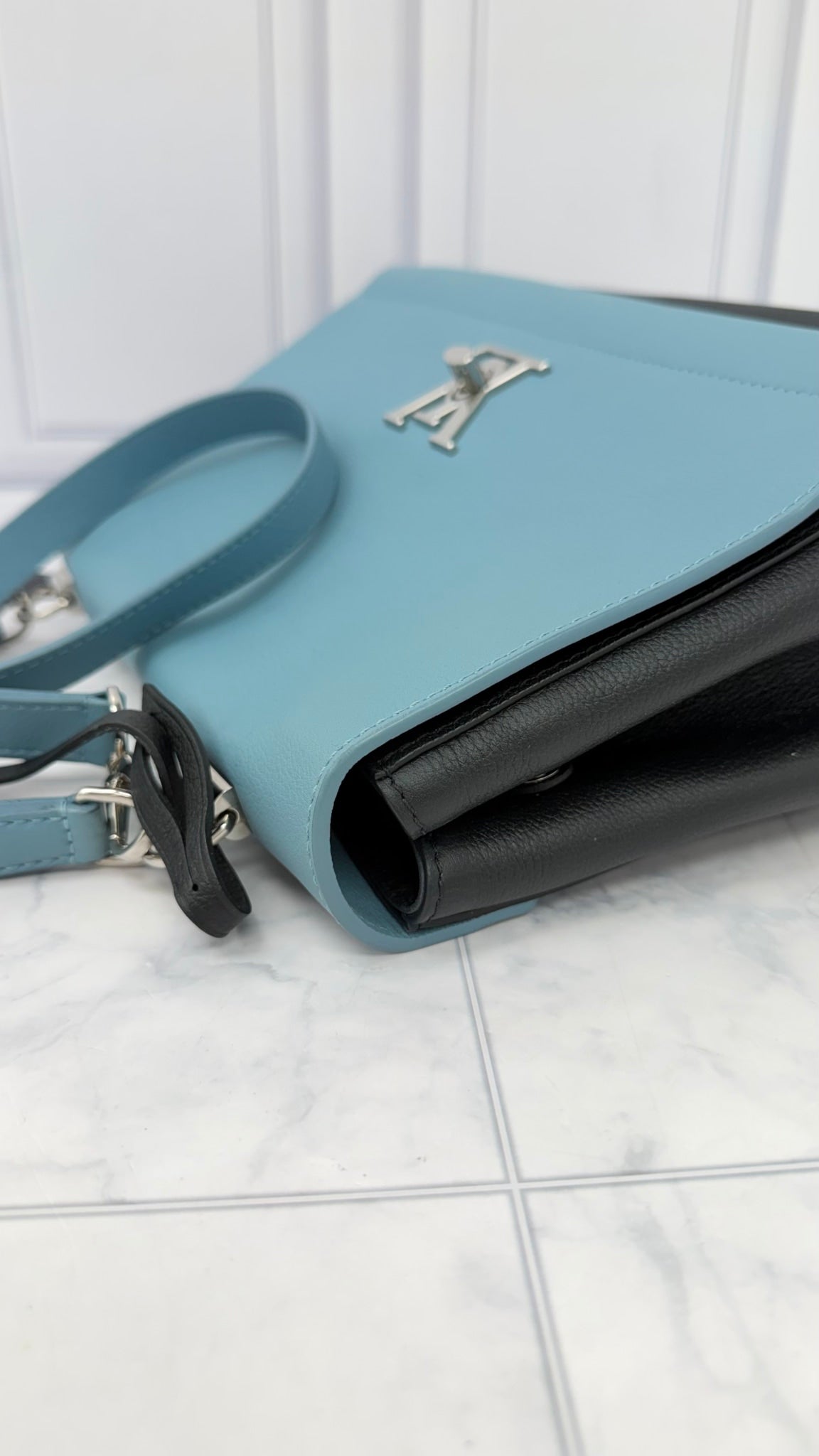 LIKE NEW - Louis Vuitton Black And Dusty Blue Taurillon Leather Lockme II 2Way Handbag