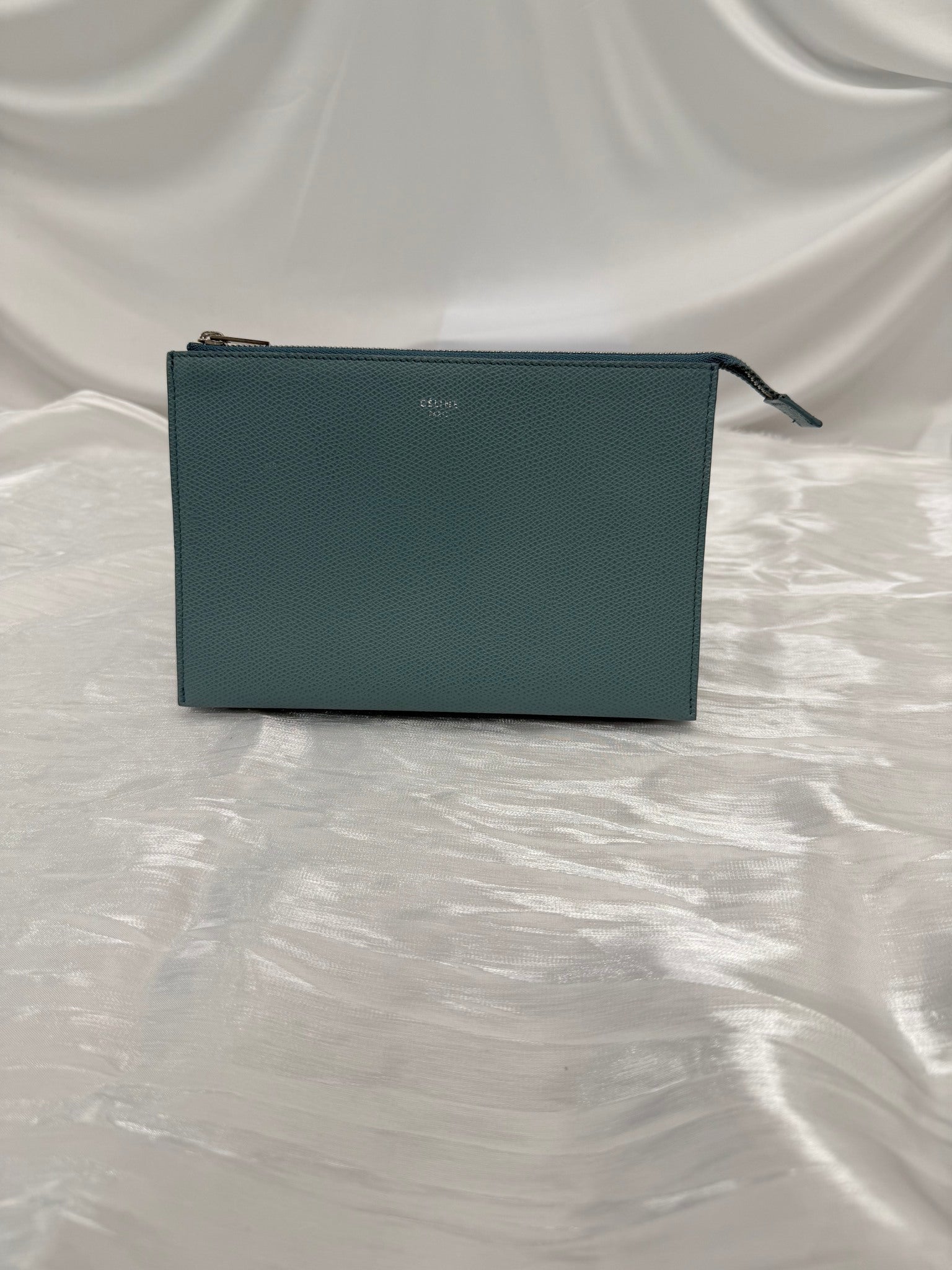 Celine Blue Pebbled Leather Zip Pouch