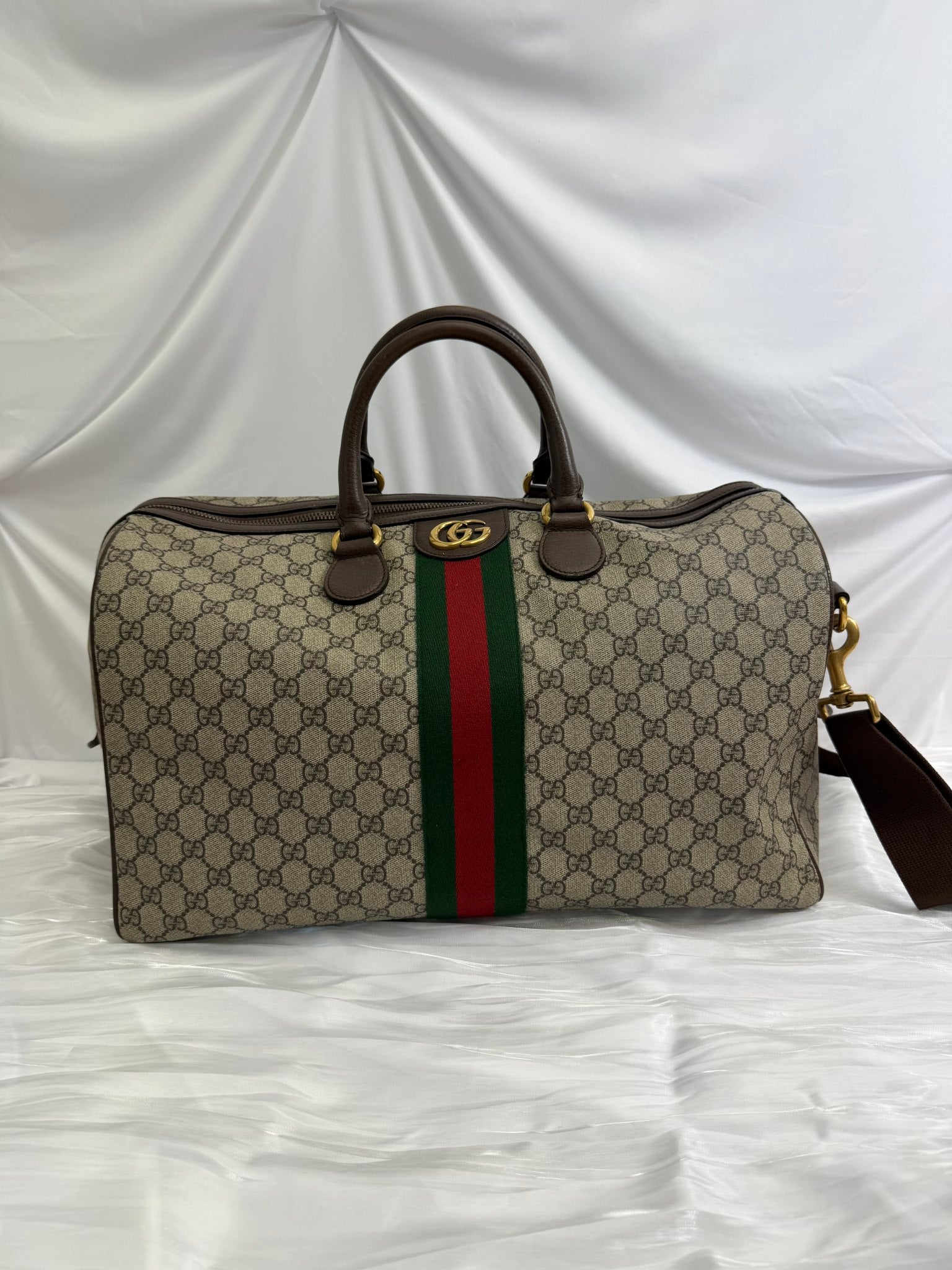 Gucci GG Brown Coated Canvas Ophidia Medium Duffle Bag