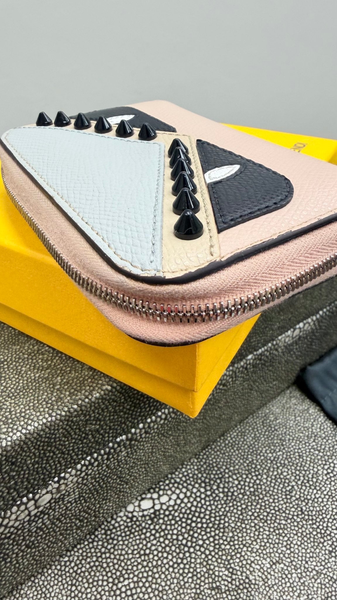Fendi Coral & Grey Leather Studded Monster Compact Zippy Wallet