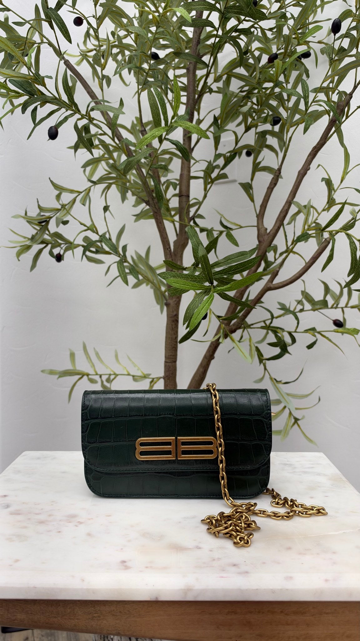 LIKE NEW -Balenciaga Green Croc Embossed Leather Small Signature Gossip Crossbody