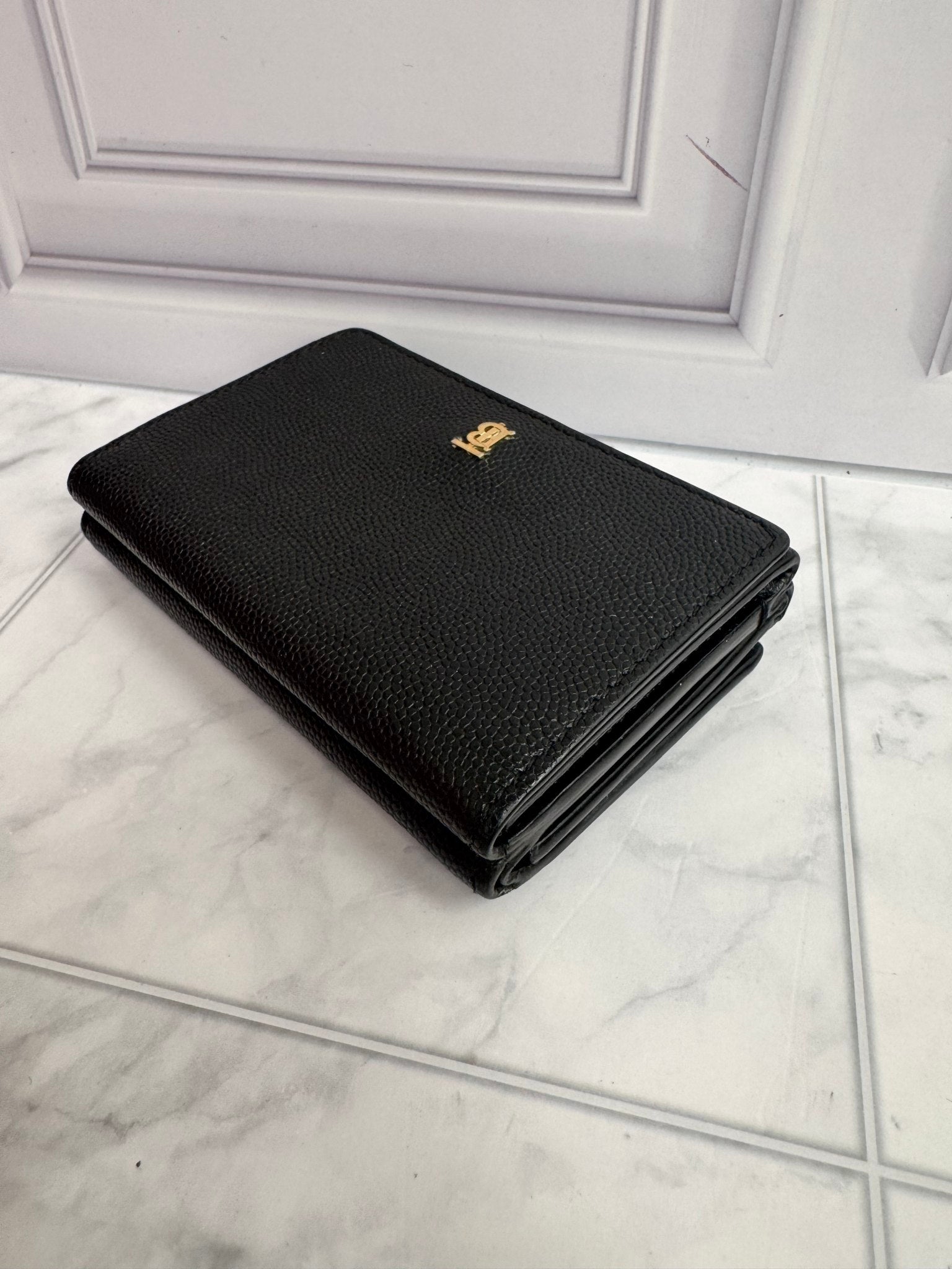 Burberry Black Leather TB Logo Trifold Wallet