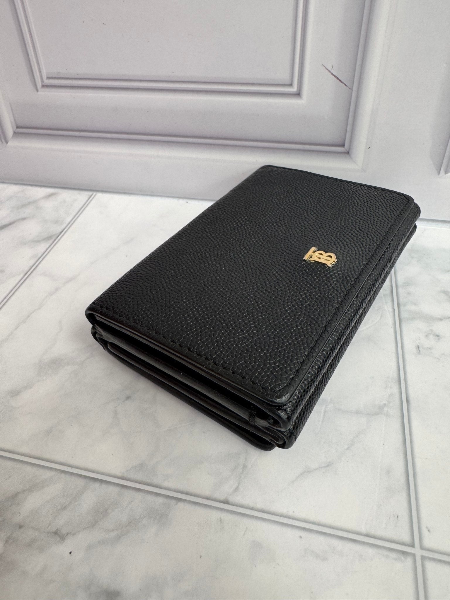 Burberry Black Leather TB Logo Trifold Wallet