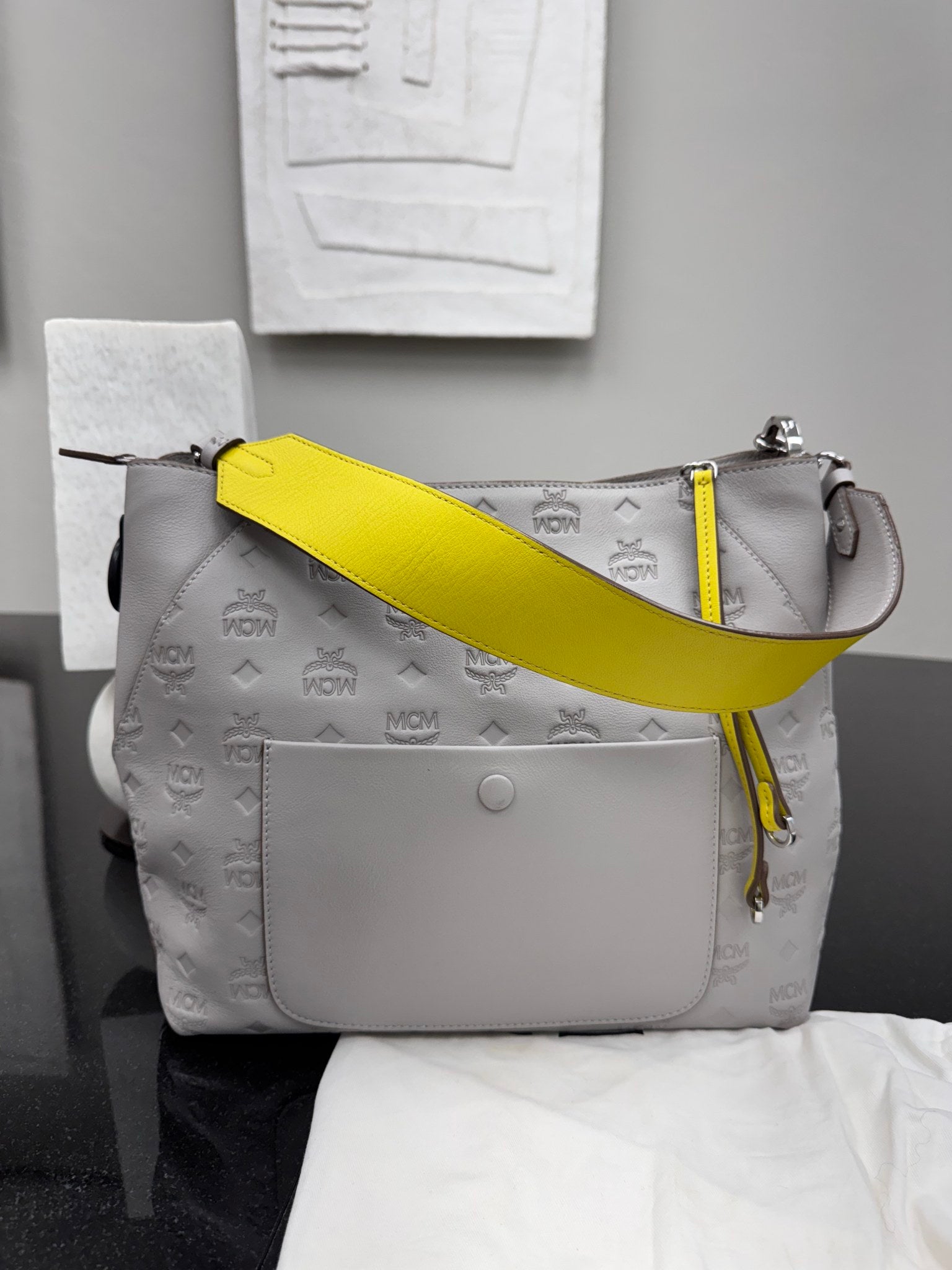 MCM Gray Visetos Embossed Leather Tote Bag