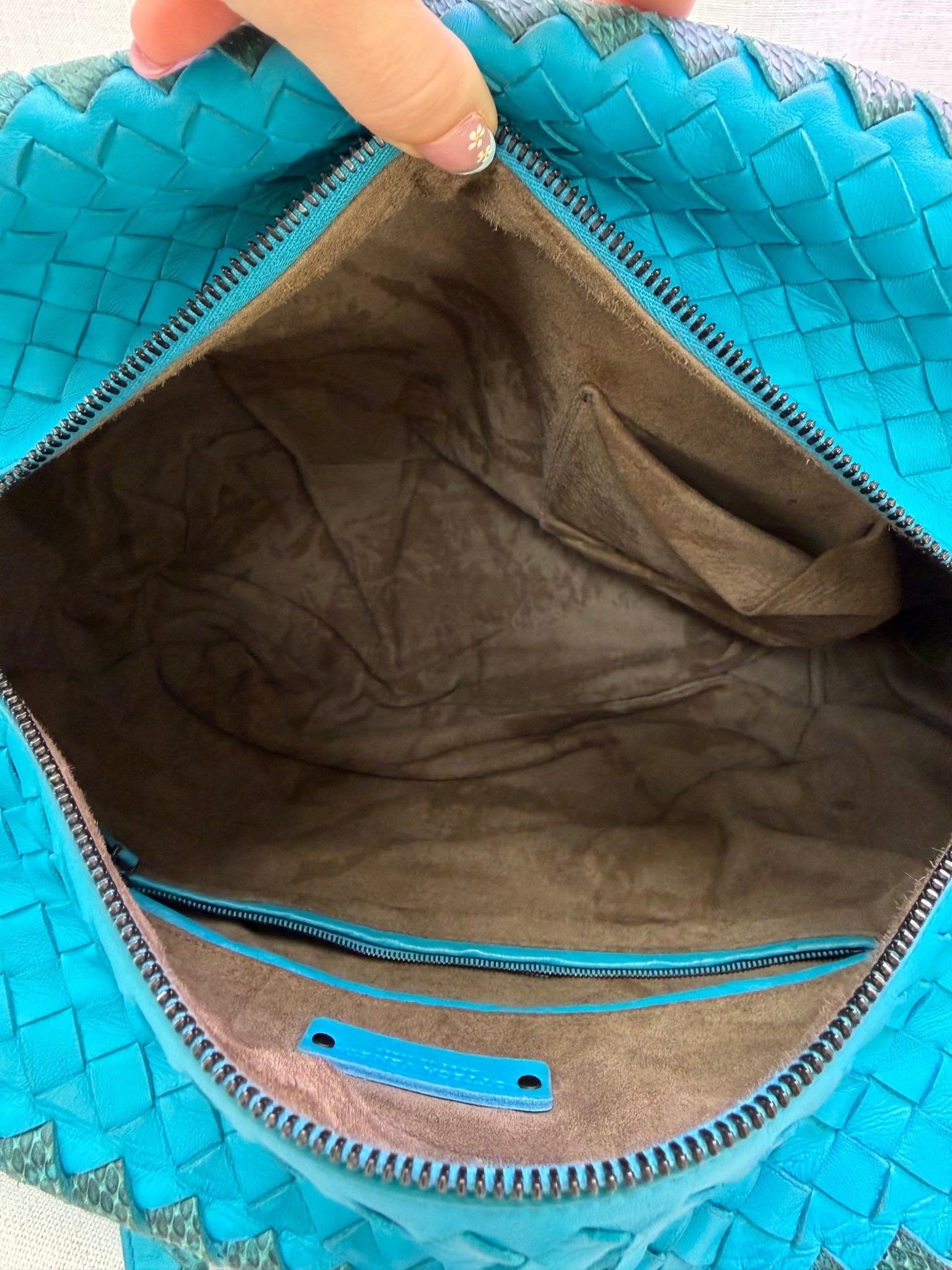 Bottega Veneta Turquoise Intrecciato Leather & Python Large Brick Tote Bag
