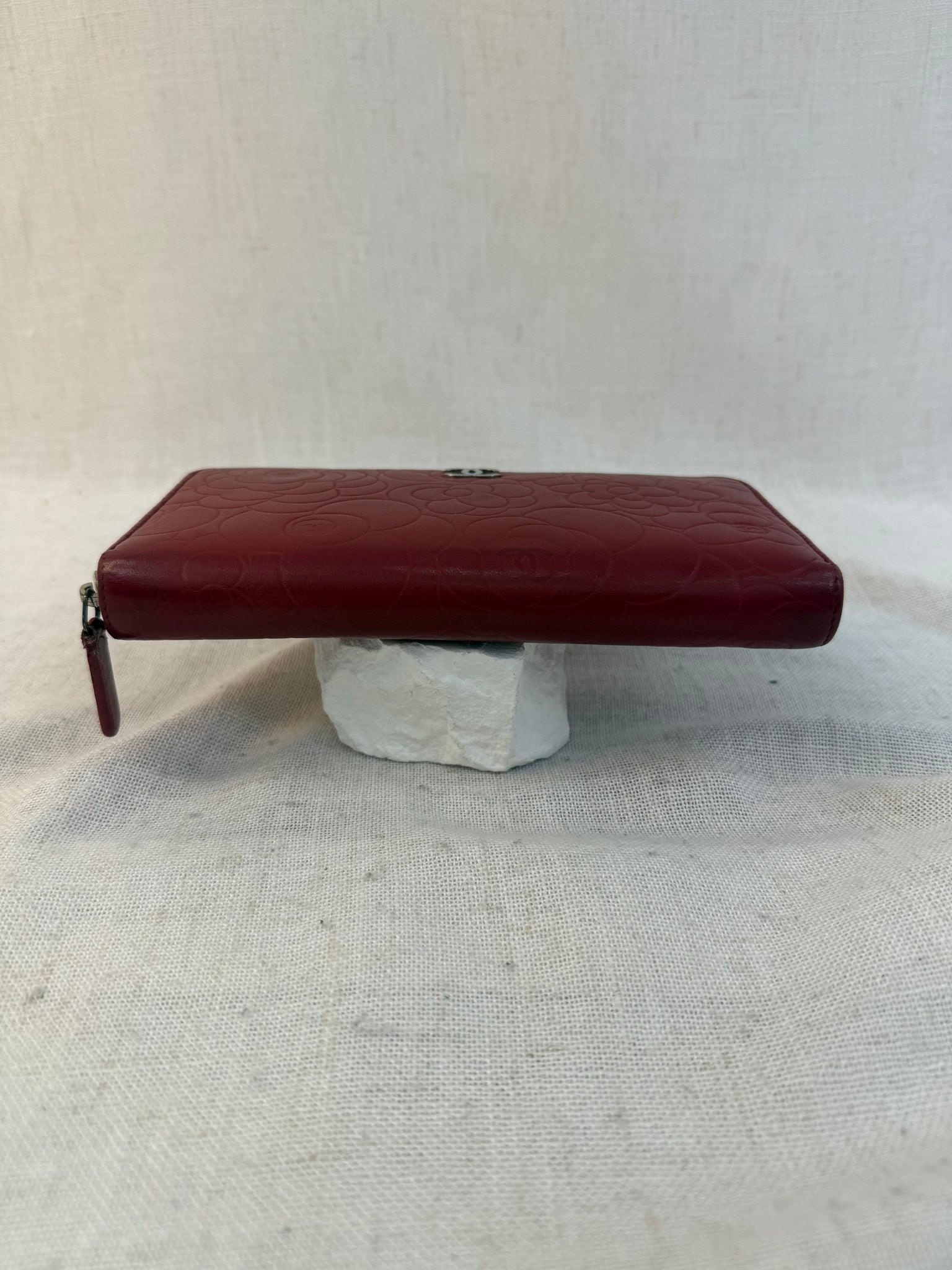 Chanel Red Lambskin Camellia Embossed Zippy Wallet