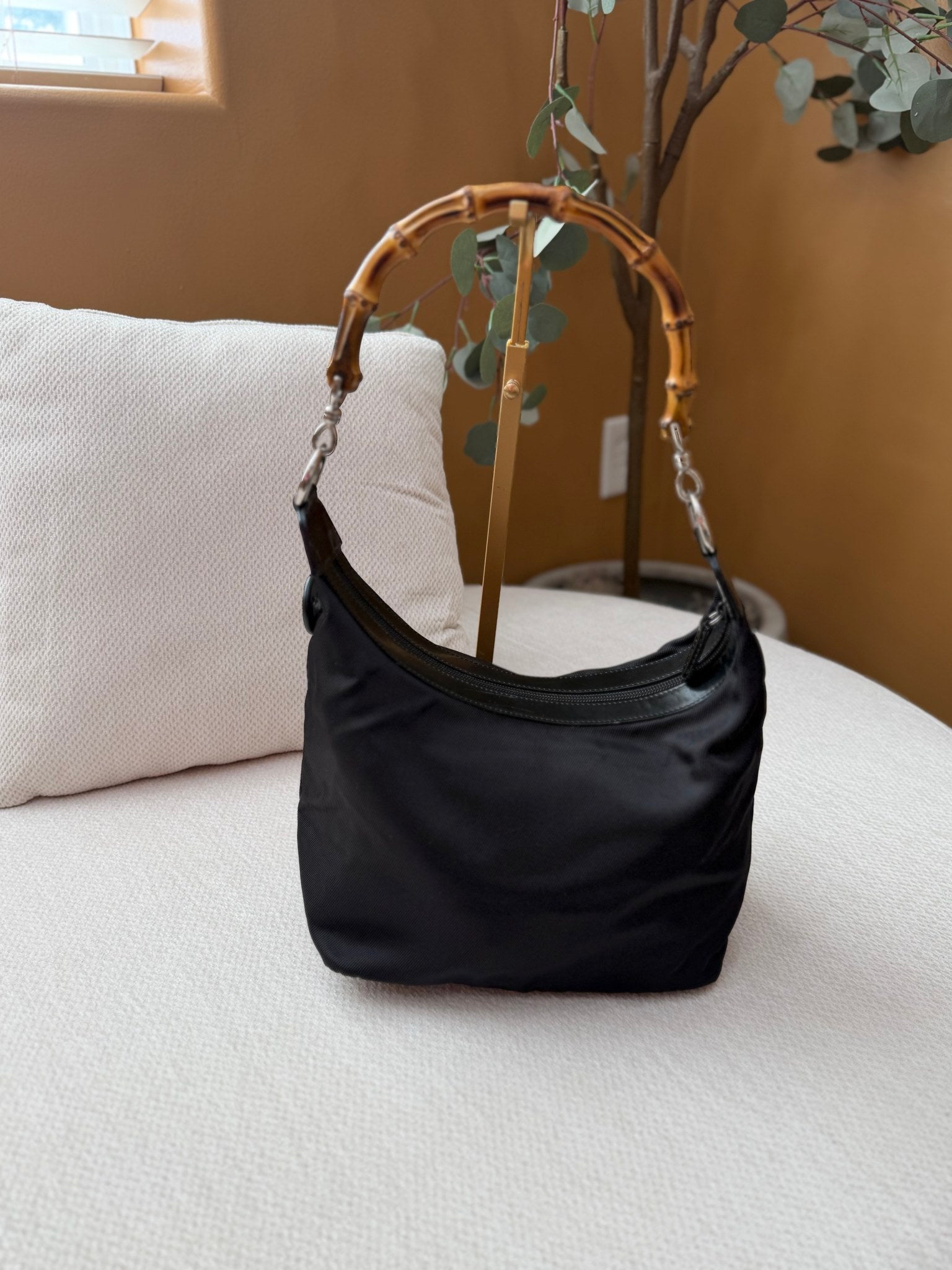 Gucci Black Nylon Bamboo Shoulder Bag