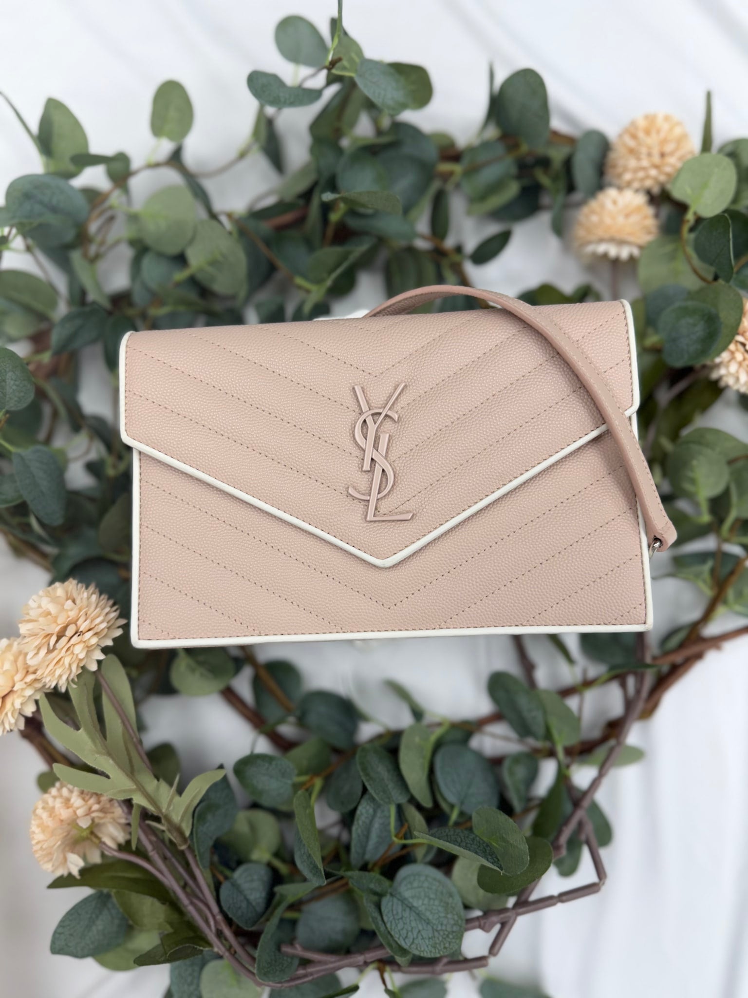 Saint Laurent YSL Pink Grain De Poudre Leather Monogram Envelope Wallet On A Chain