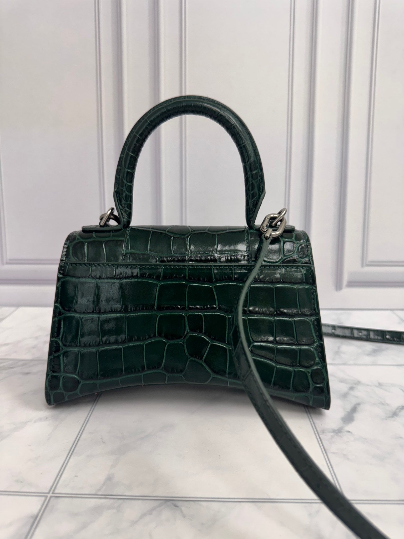 Balenciaga Dark Green Croc Embossed Leather XS Hourglass 2Way Bag