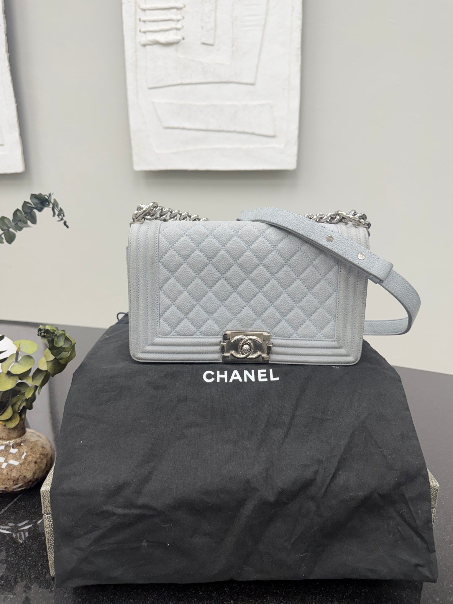 Chanel Matte Grey Caviar Leather Medium Boy Bag