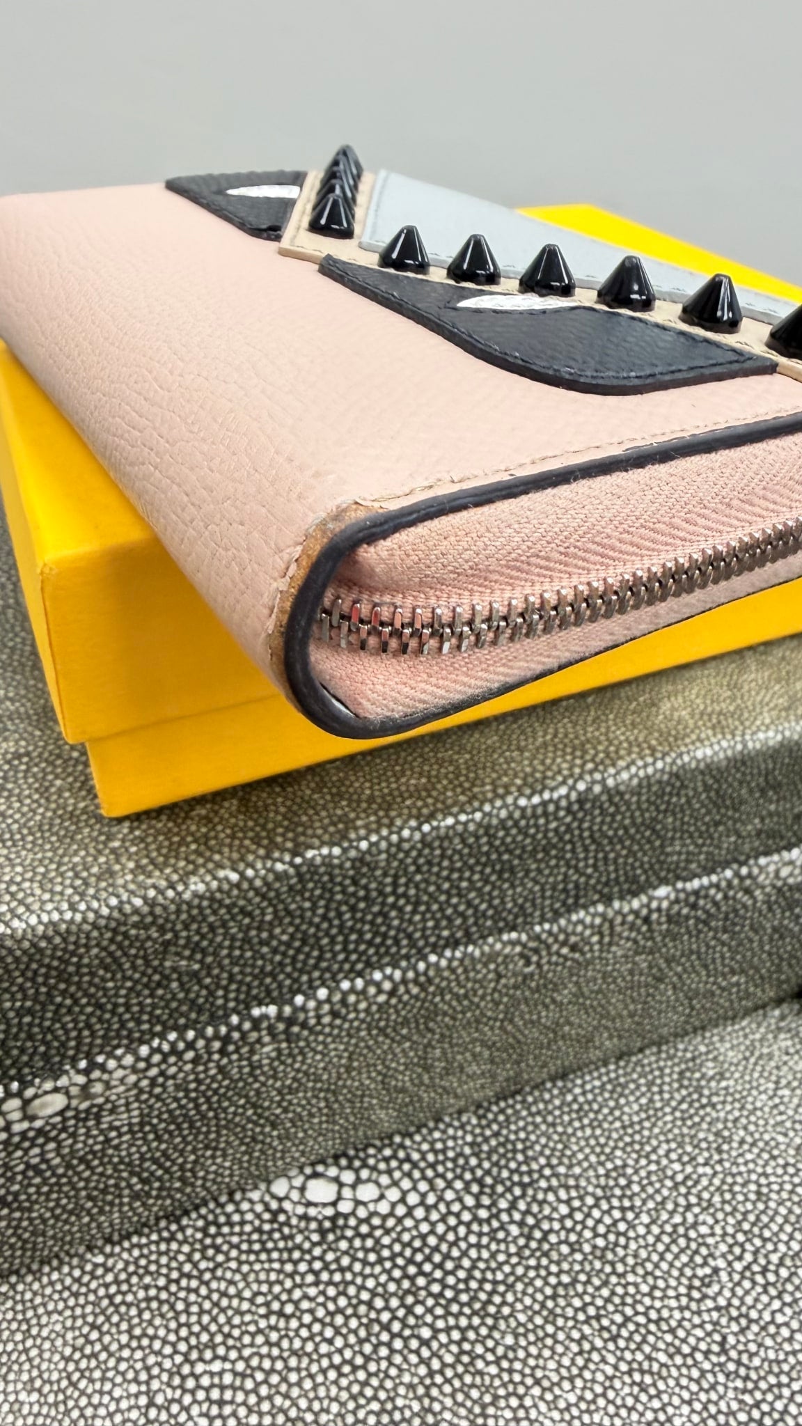 Fendi Coral & Grey Leather Studded Monster Compact Zippy Wallet