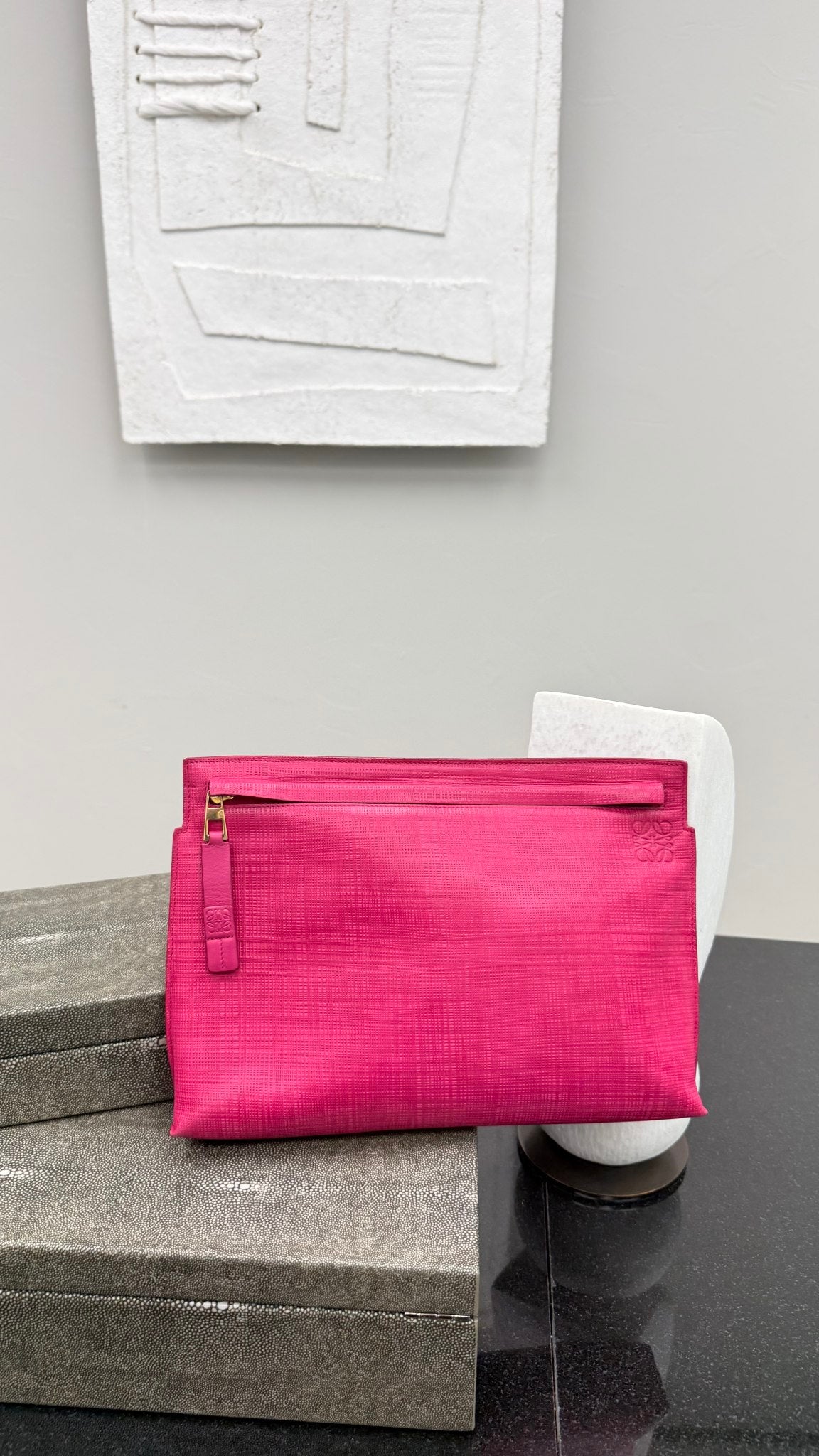 Loewe Pink Textured Leather T Pouch Clutch Bag