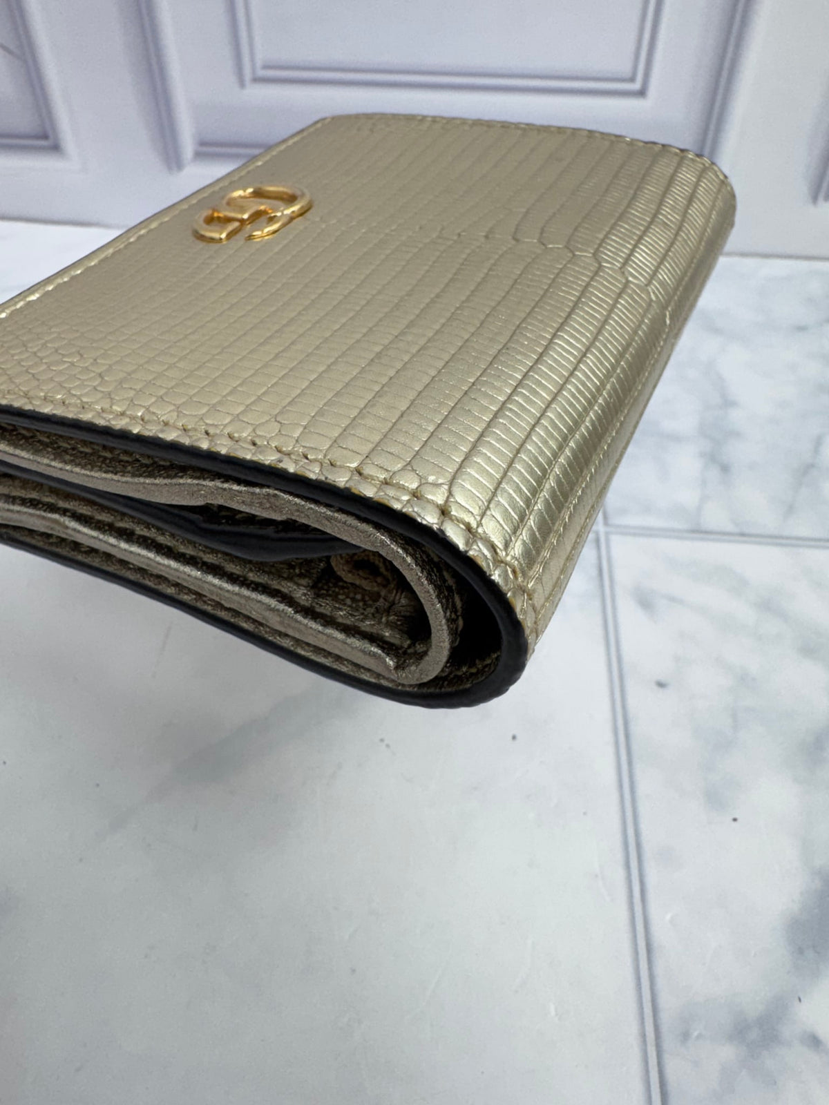 Gucci Gold Lizard Embossed Leather GG Marmont Compact Wallet